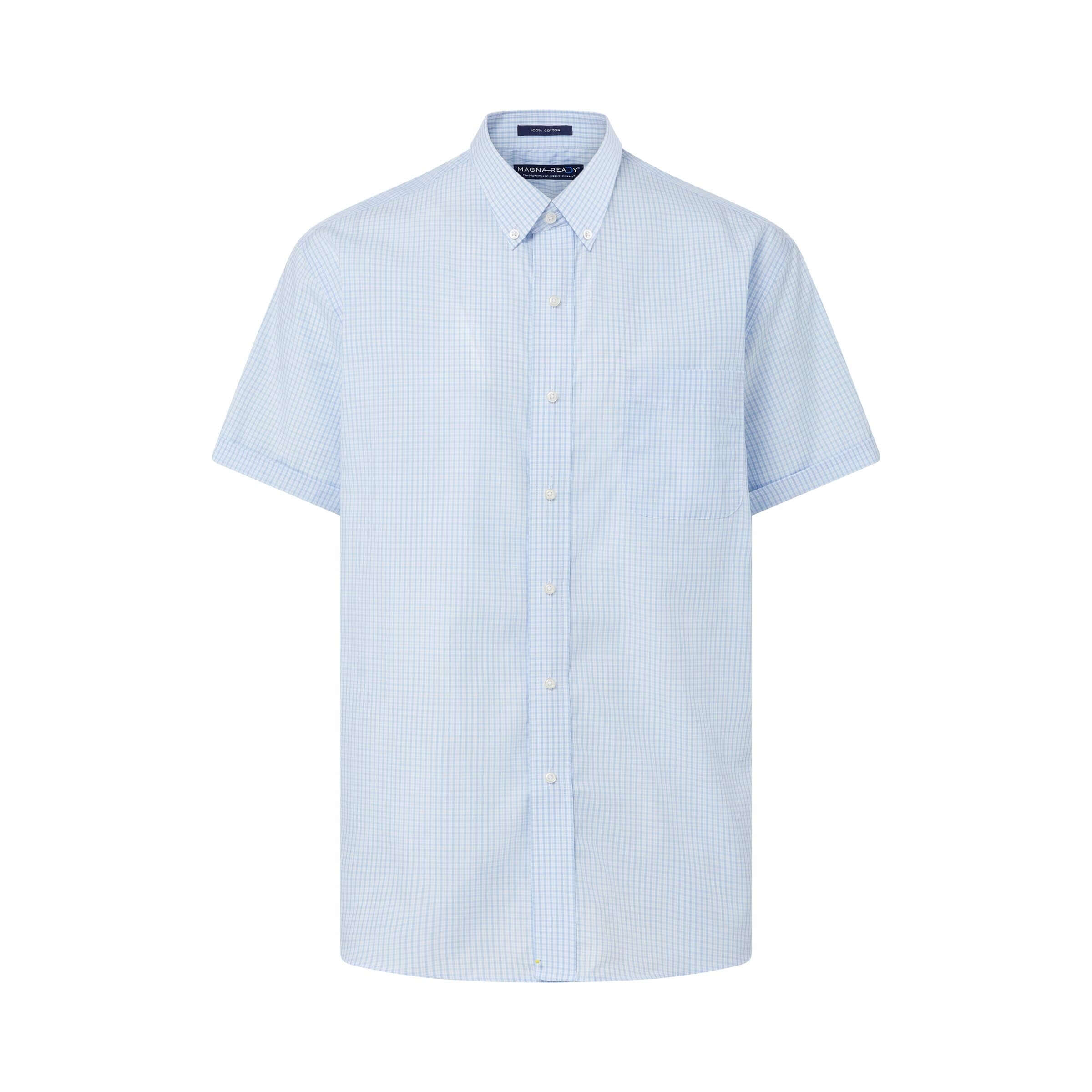 Short sleeve baby blue and white micro plaid shirt with button-down collar for men, designed for comfort and ease.