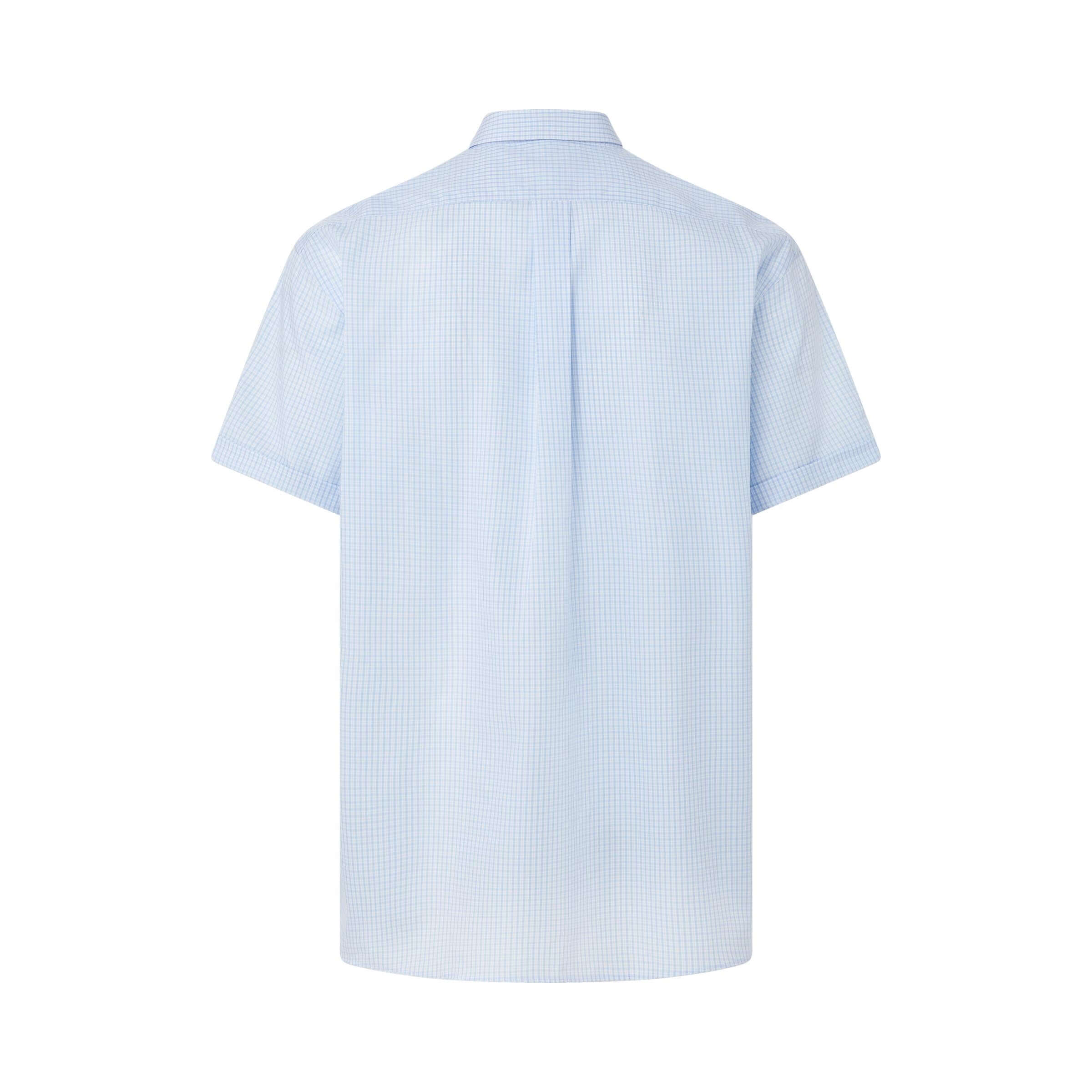 Back view of a short sleeve baby blue and white micro plaid cotton shirt with button-down collar.