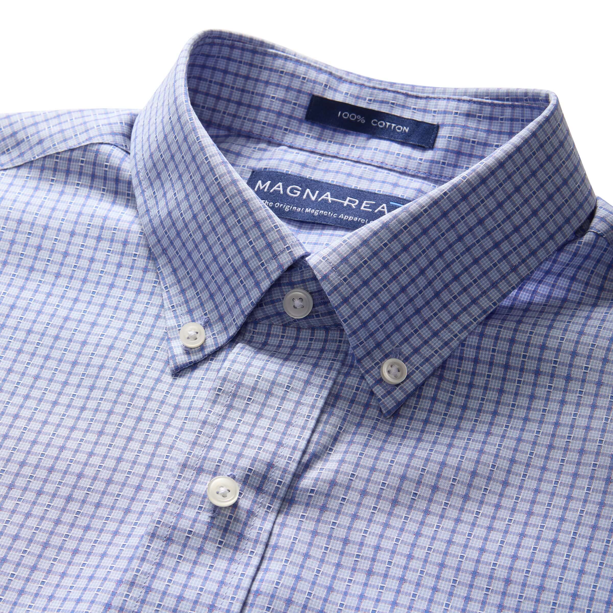 Short sleeve blue and red check cotton shirt with magnetic closures and a pocket, featuring a button-down collar.