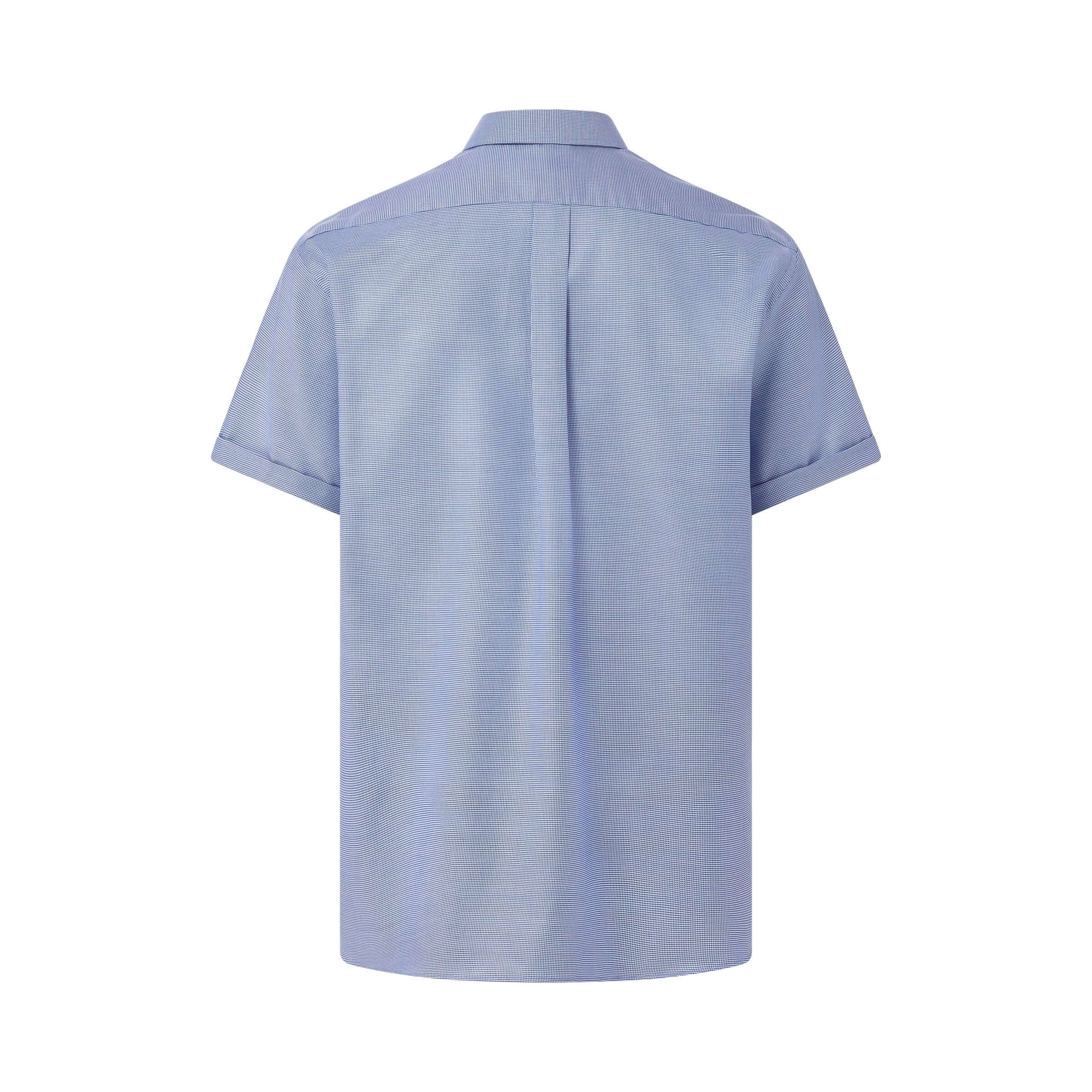 Back view of short sleeve blue 'Ryan' spread collar cotton shirt with magnetic closures.