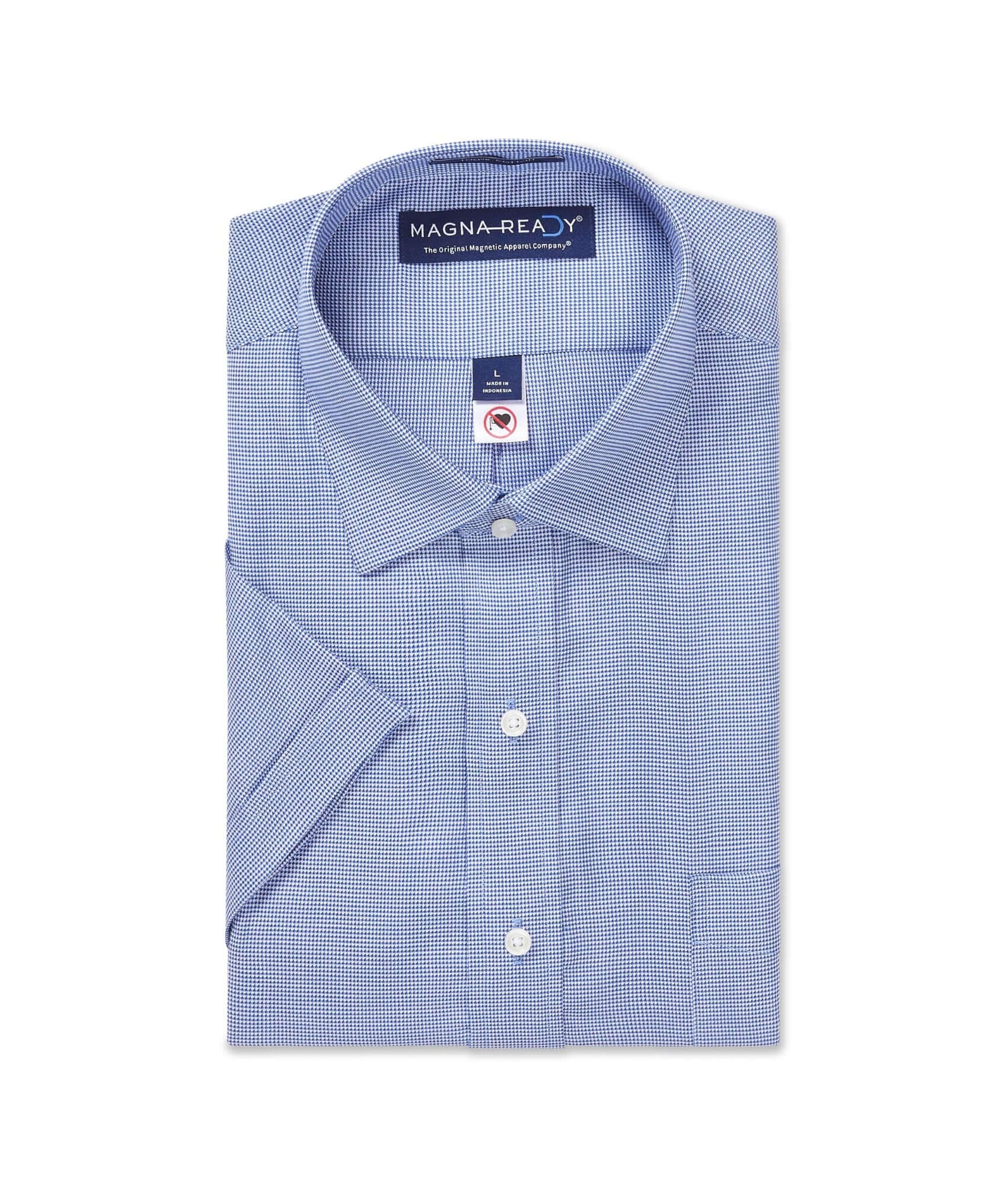 Short sleeve blue 'Ryan' spread collar cotton shirt with magnetic closures by MagnaReady.
