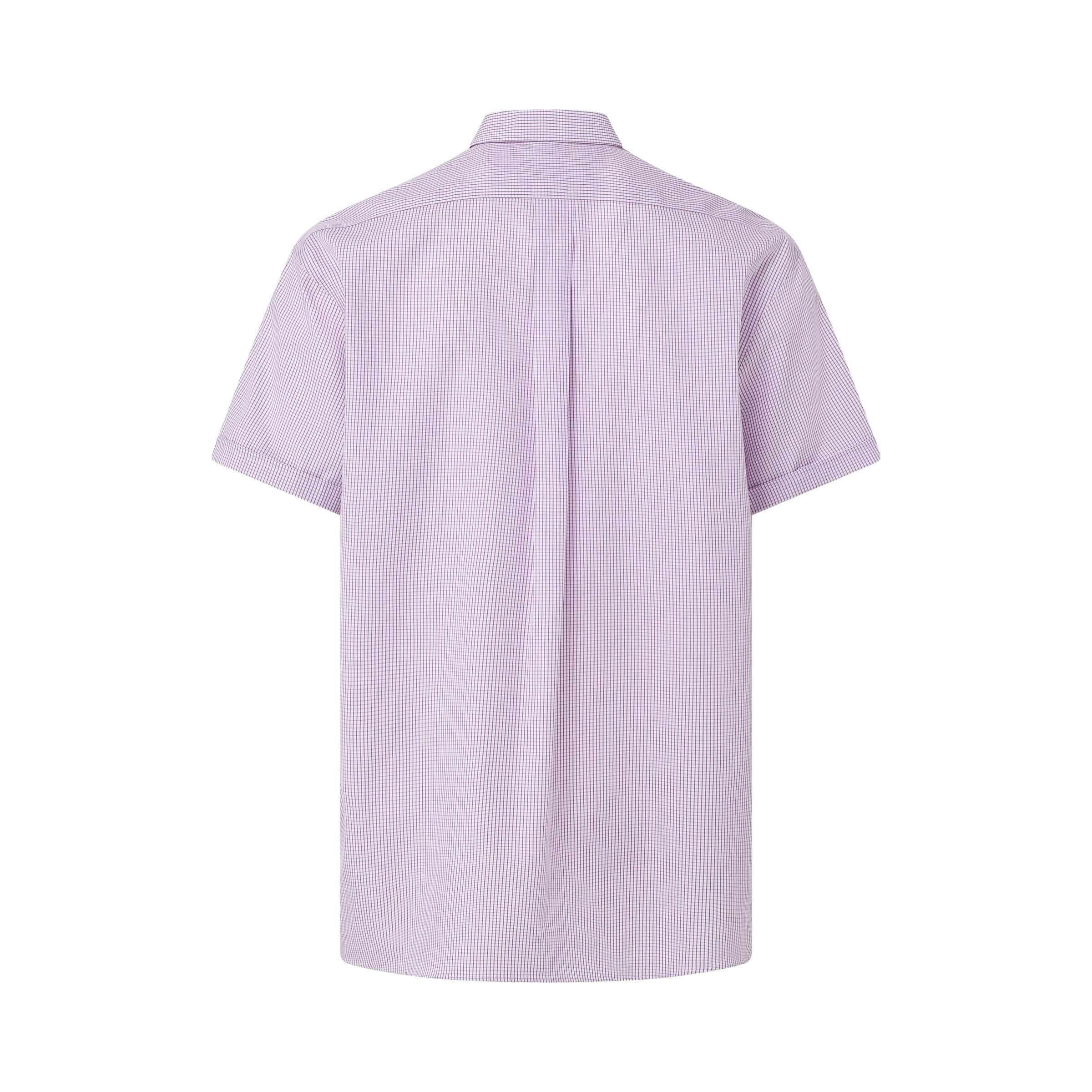 Back view of Burgundy Micro Check 'Ryan' Short Sleeve Adaptive Shirt with spread collar and magnetic closures.