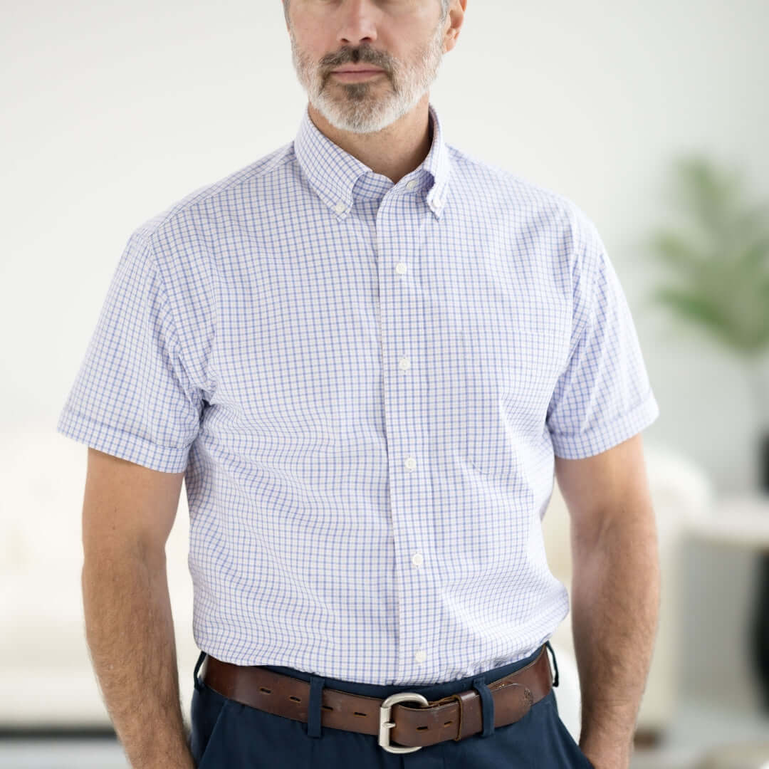 Short sleeve red, white, and blue button-down collar shirt with magnetic closures for easier wear.