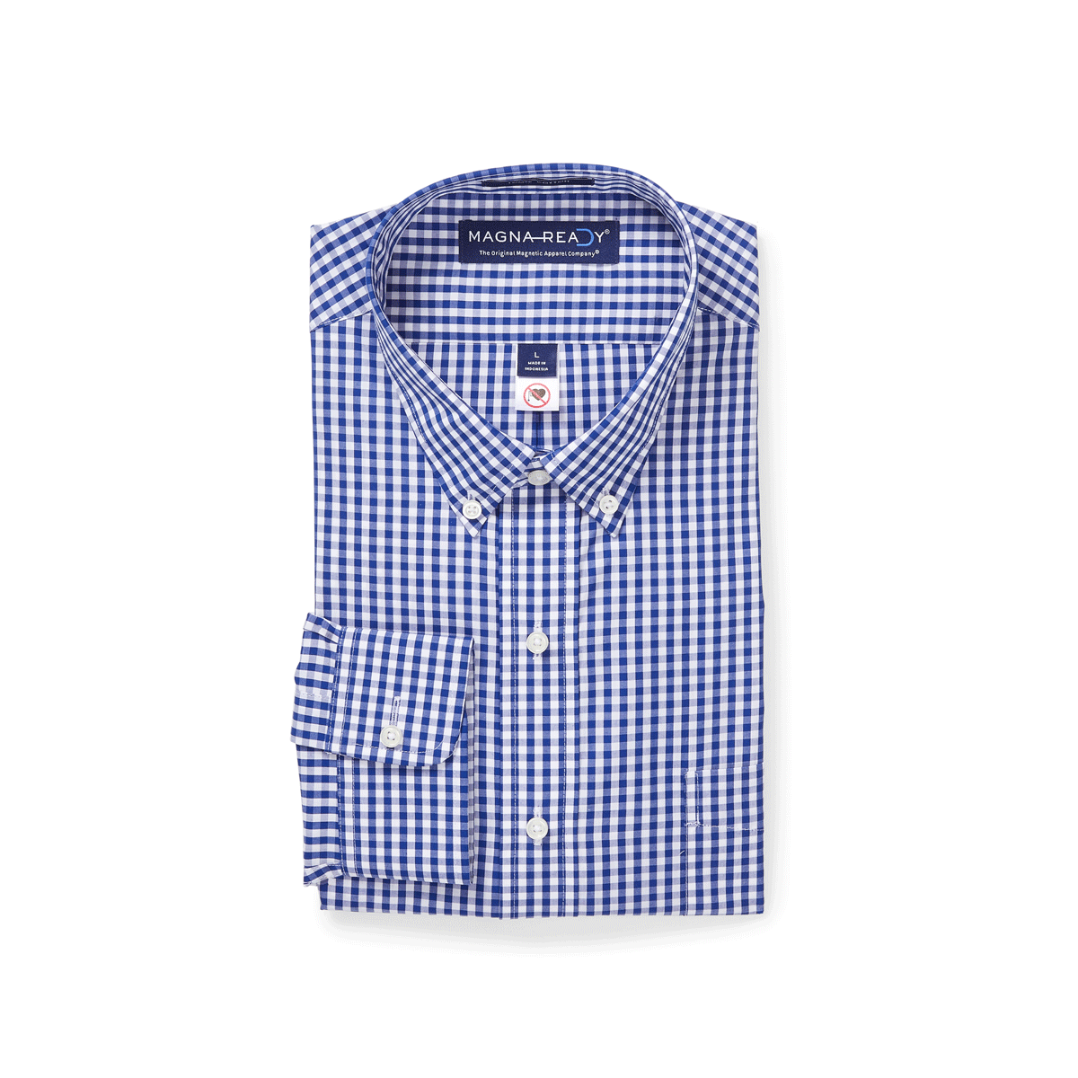 Short sleeve navy and white gingham MagnoliaReady shirt with magnetic closures, ideal for men with limited mobility.