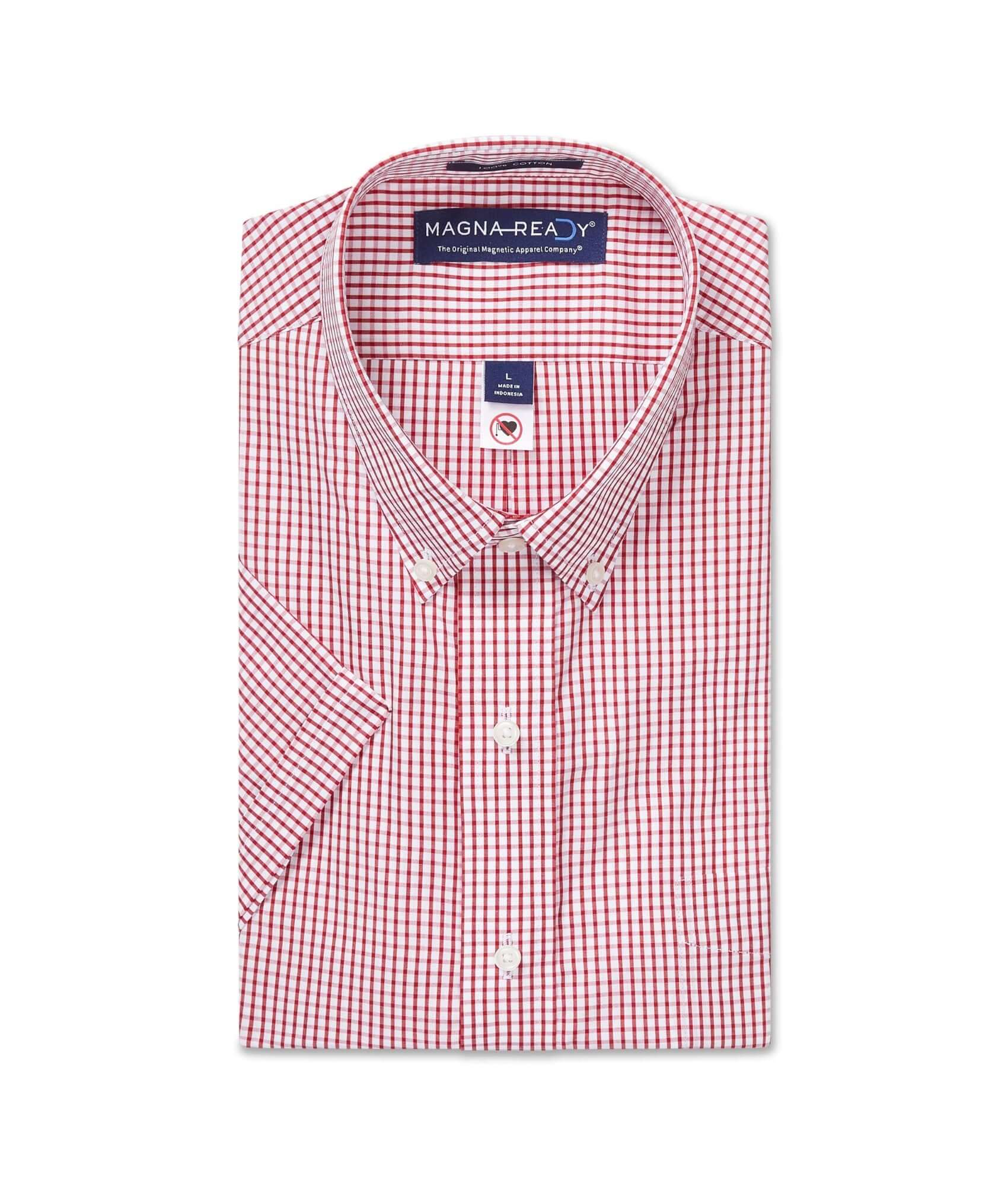 Short sleeve red and white 'Heights' cotton shirt with button-down collar from MagnaReady, designed for adaptive use.