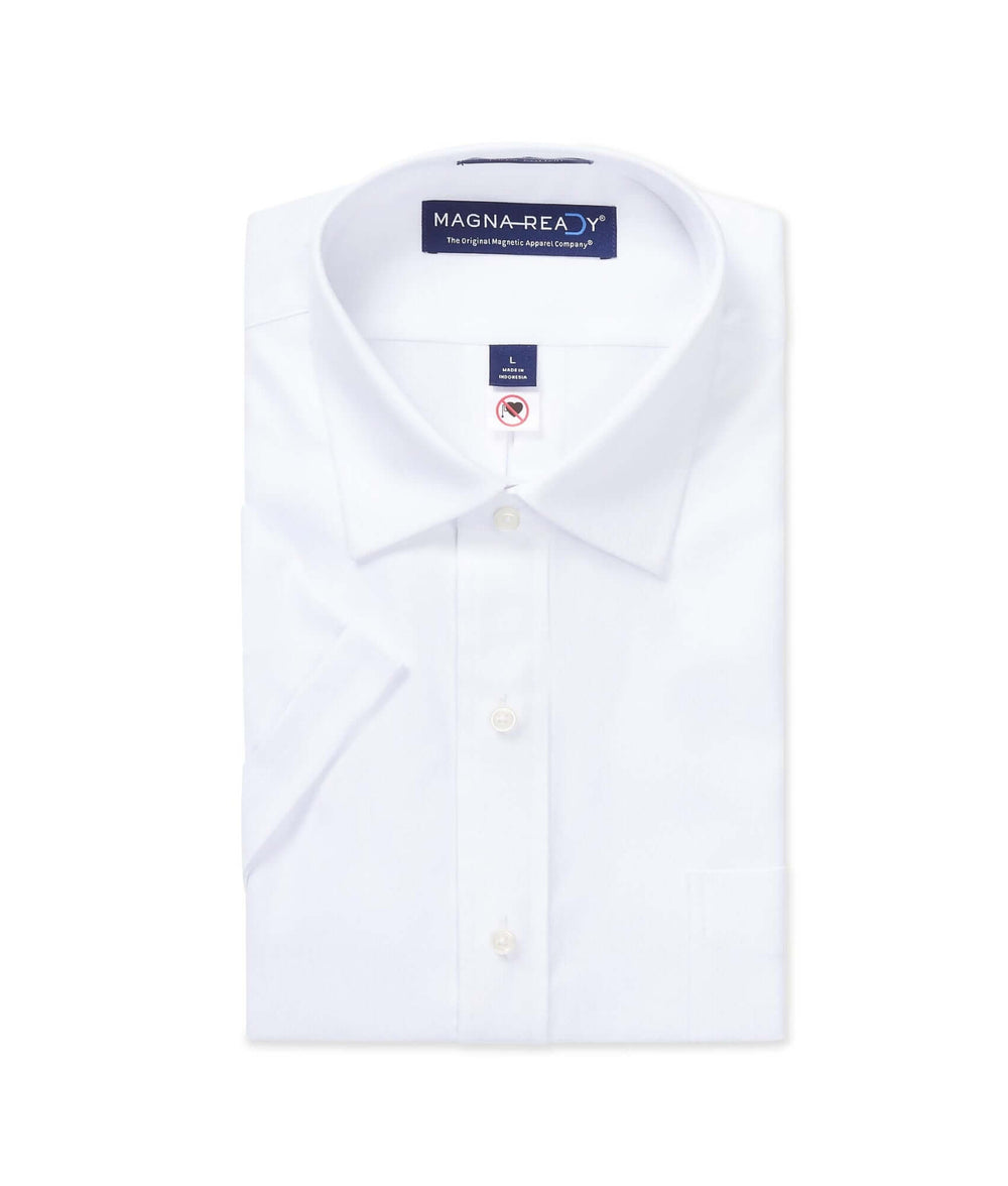 white dress shirt short sleeve MagnaReady Mens Adaptive Short Sleeve Solid White Ryan Spread Collar 80's 2ply Cotton Shirt with Magnetic Closures