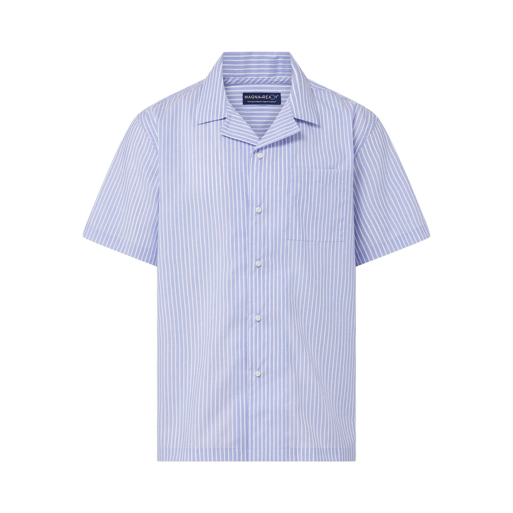 Magnetic Short Sleeve Untucked Blue Stripe Camp Casual Shirt by MagnaReady - Size Medium - Parkinson's Adaptive Clothing