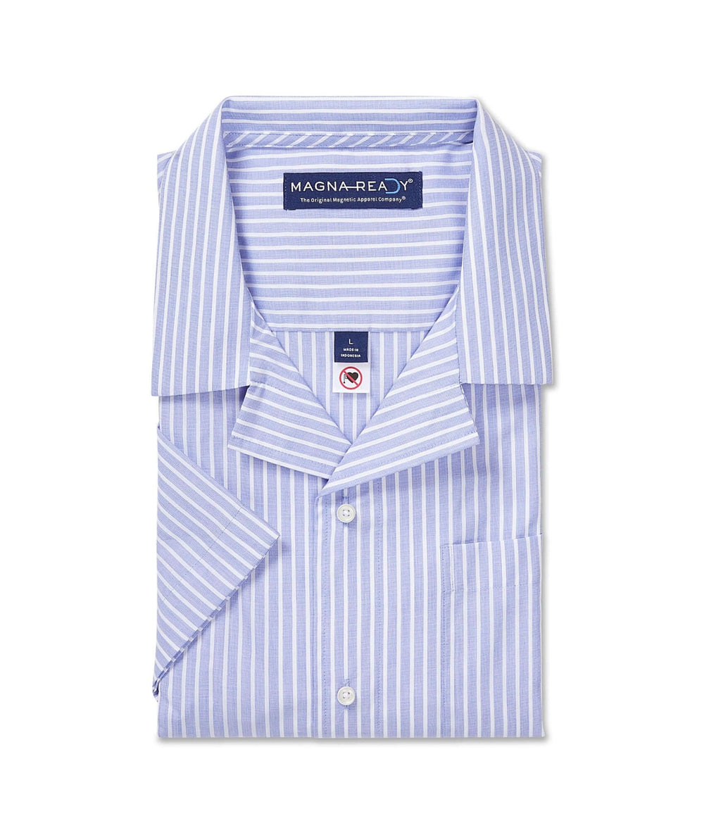 blue striped dress shirt white collar Magnetic Short Sleeve Untucked Blue Stripe Camp Casual Shirt by MagnaReady - Size Medium - Parkinson's Adaptive Clothing