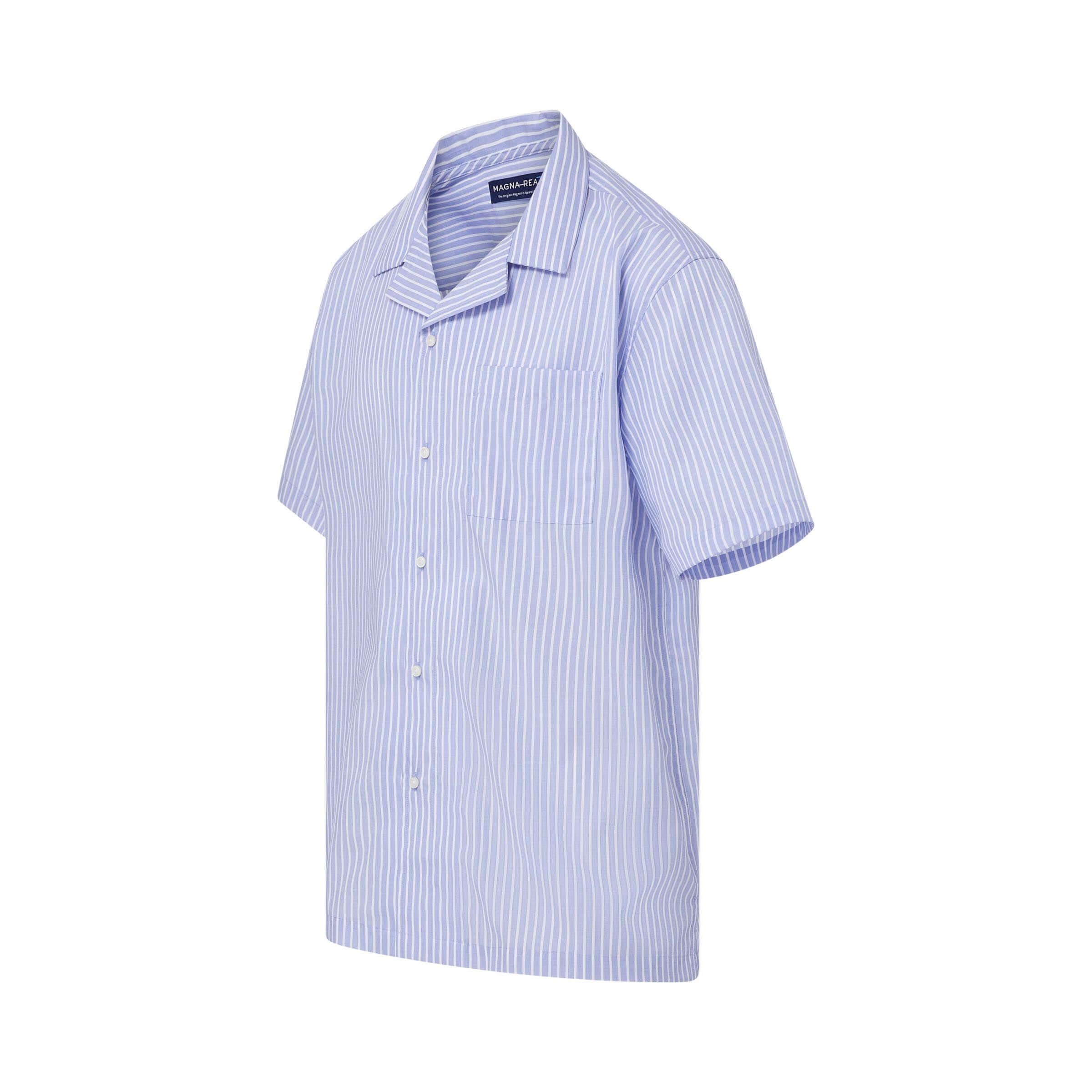 Short Sleeve Untucked Blue Stripe Camp Casual Shirt with Magnetic Clos