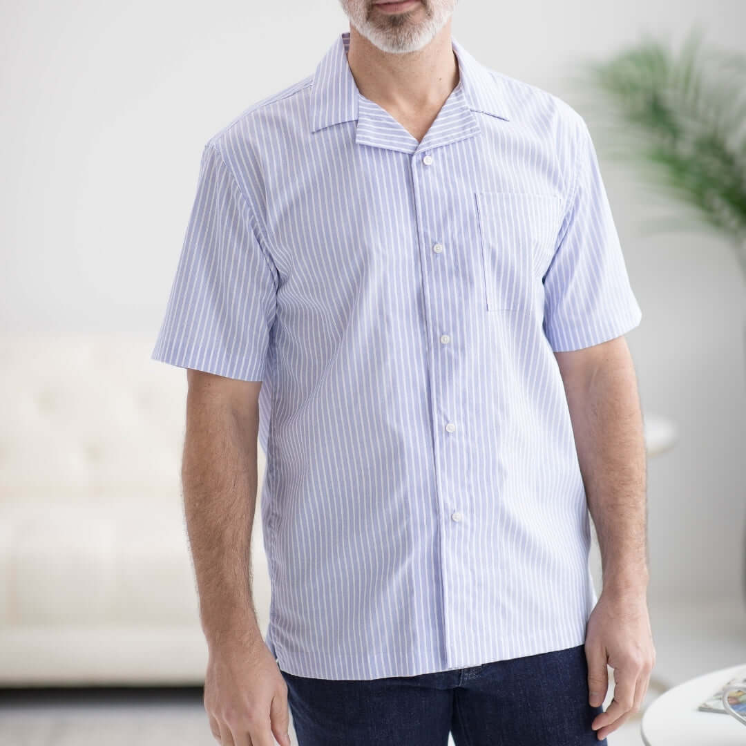【DISCERNMENT】Tod pigment stripe collar sleeve short-sleeve-untucked-blue-