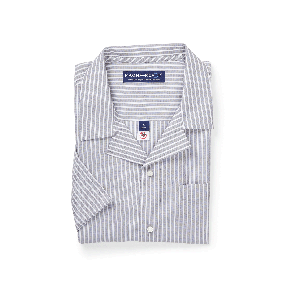 Short sleeve grey striped untucked 'Landry' camp shirt with magnetic closures for modern style and comfort.