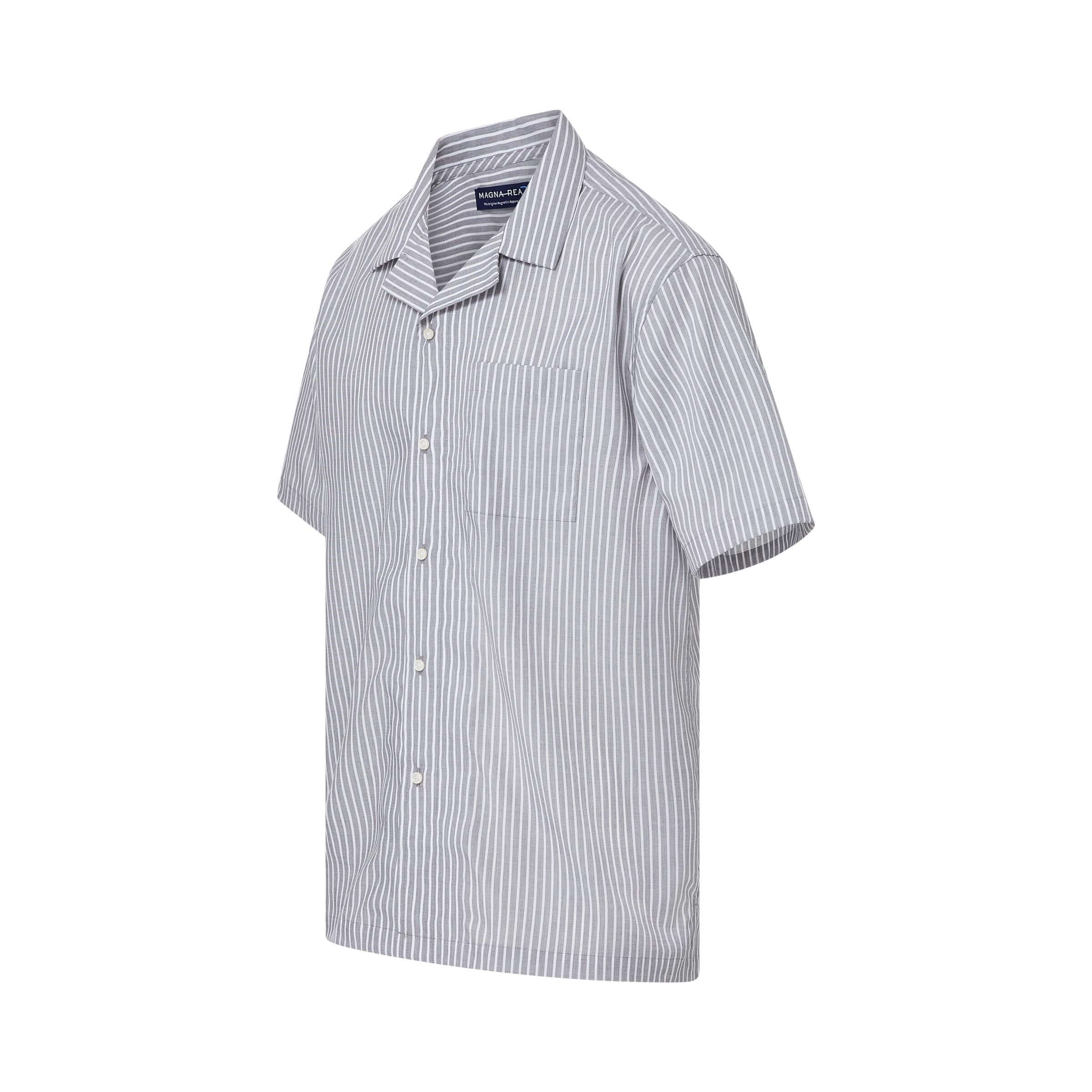 Short sleeve grey striped 'Landry' camp collar shirt with magnetic closures for comfort and style.