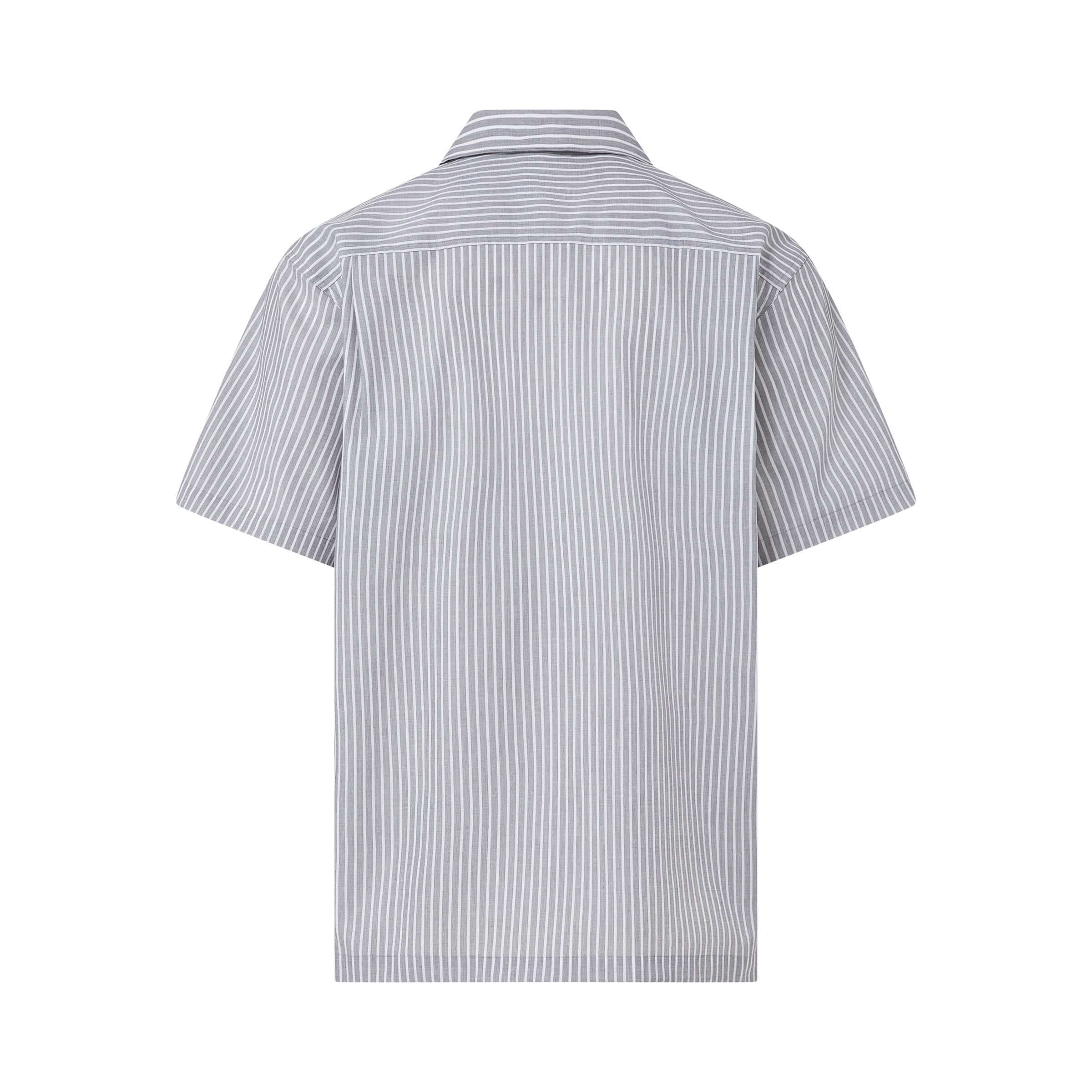 Back view of the short sleeve untucked grey 'Landry' camp casual shirt featuring subtle stripes.