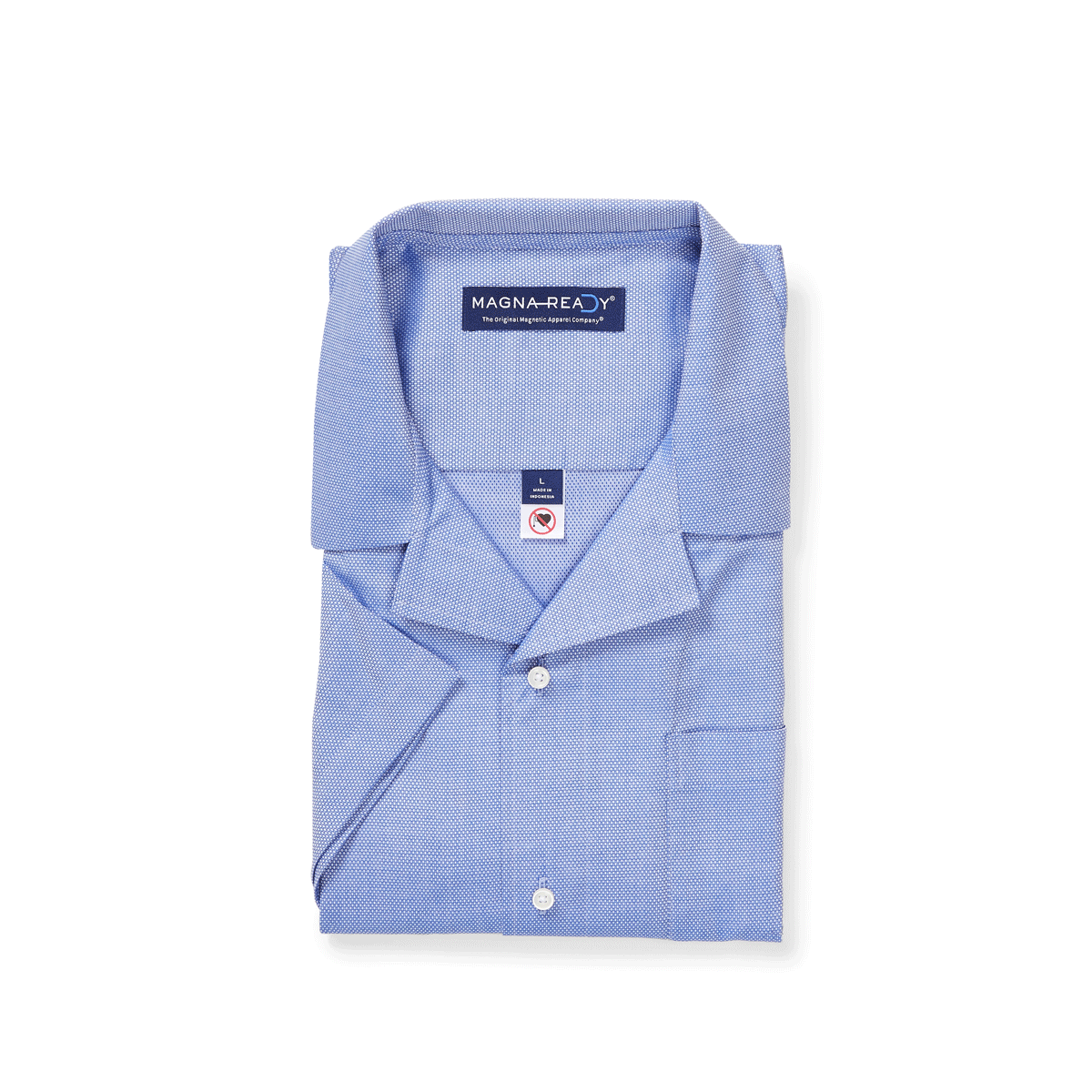 Short sleeve solid blue camp collar shirt with magnetic closures, showcasing adaptive technology for comfort and style.
