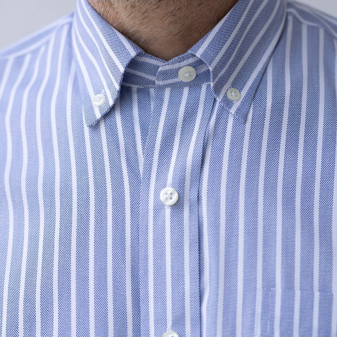 Stretch Long Sleeve Blue Stripe Button-Down Shirt with Magnetic Closures, designed for easy dressing.
