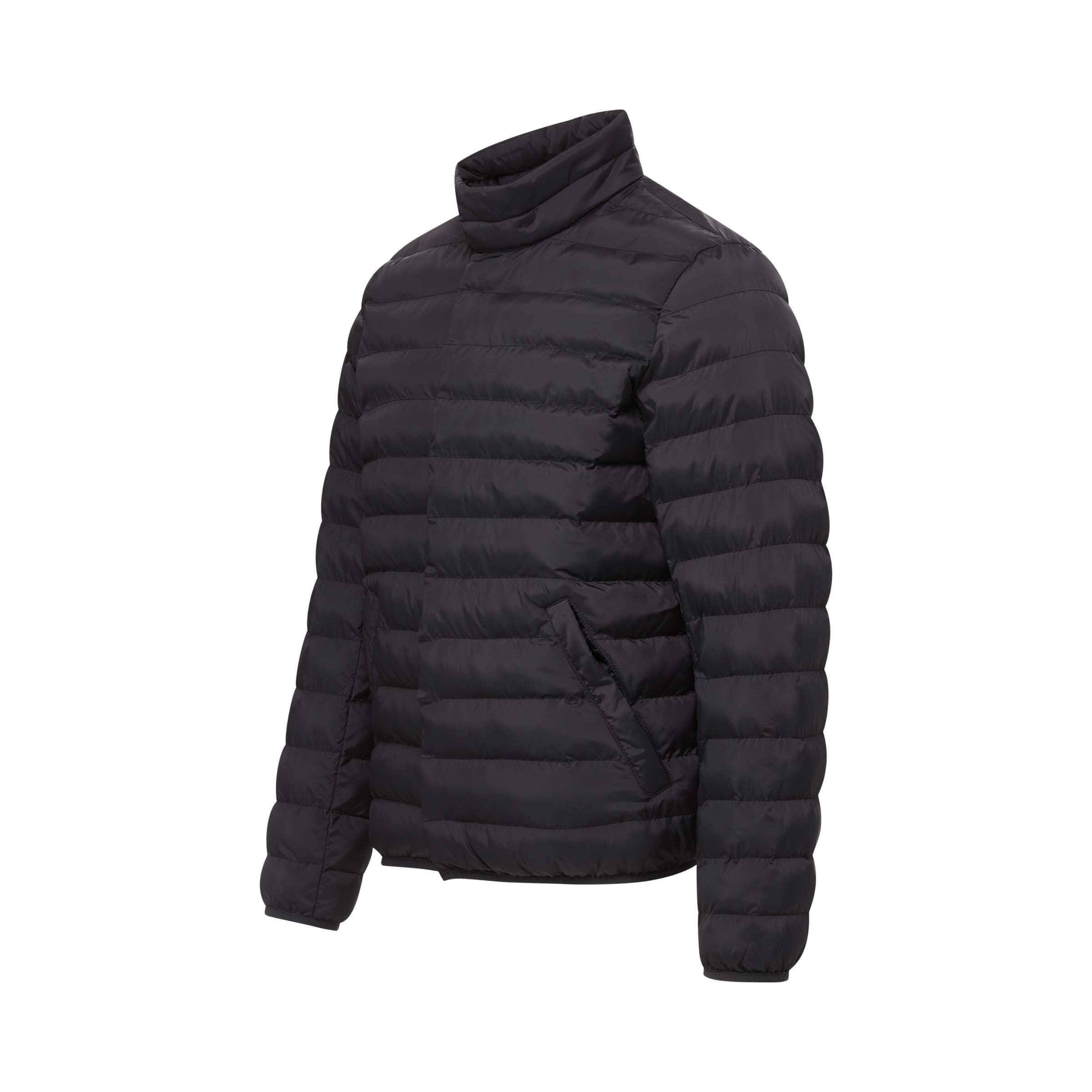 Black weatherproof magnetic puffer jacket with modern design, featuring a stylish stand collar and water-resistant material.