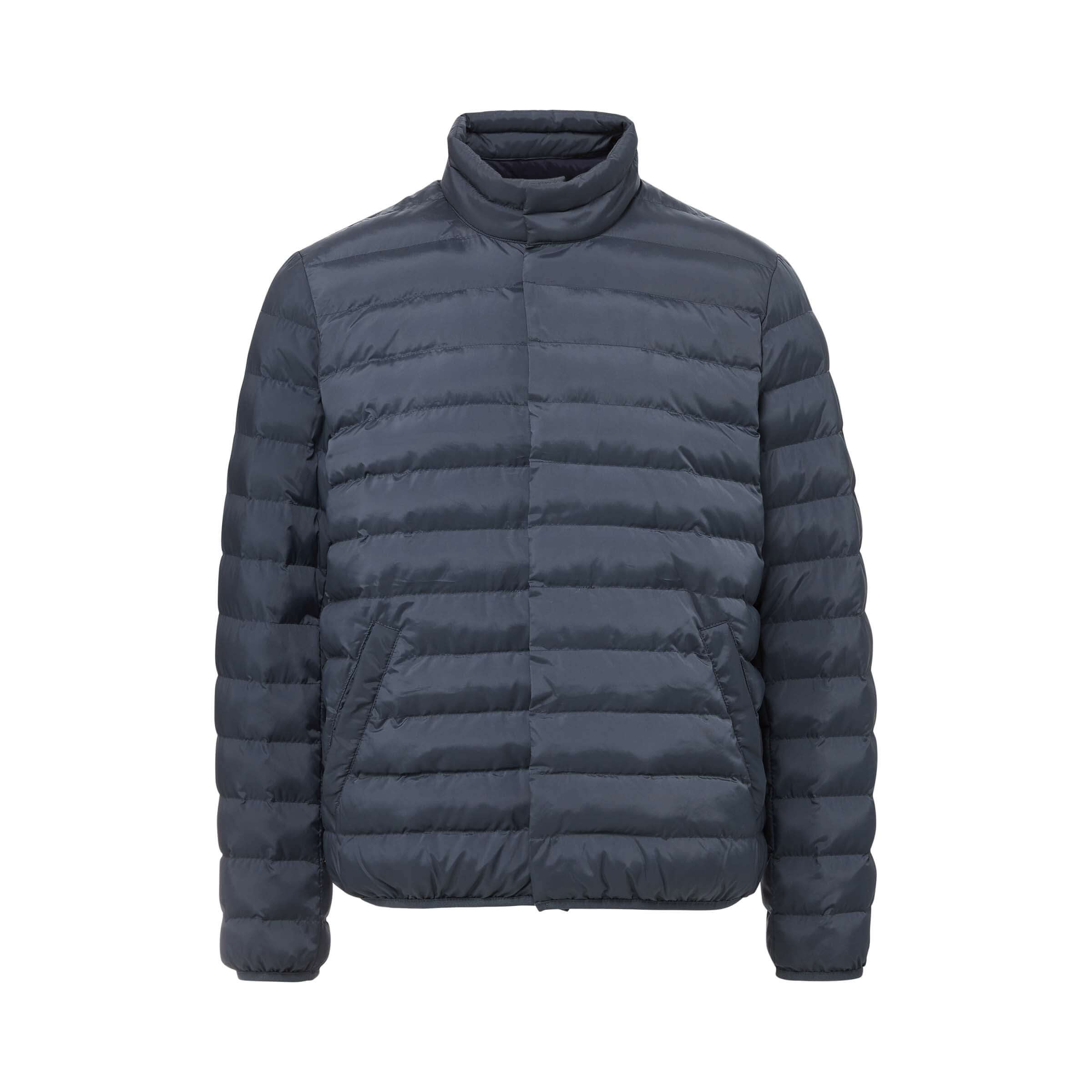 Pewter weatherproof puffer jacket with magnetic closure, designed for comfort and modern style.