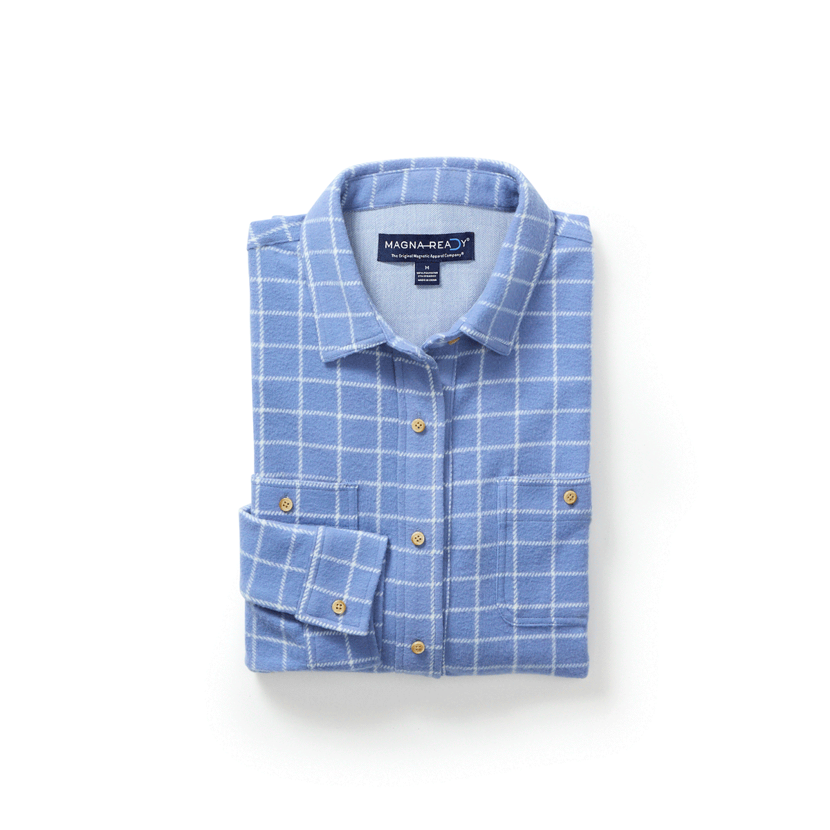 Women's blue and white window flannel shirt with curved hem, stylish and adaptive design for comfort and accessibility.