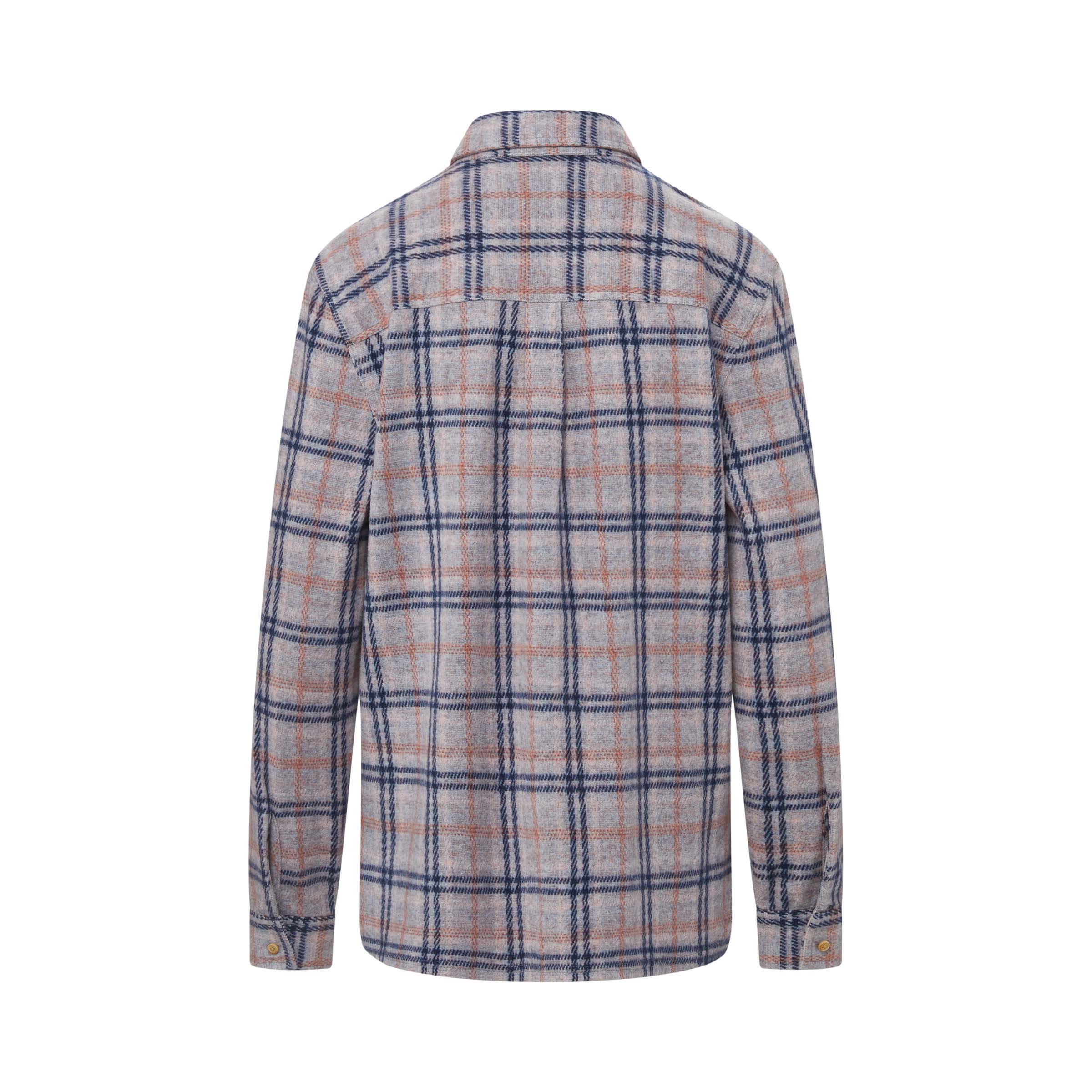Back view of a women's flannel shirt featuring a gray, navy, and orange check pattern, perfect for stylish comfort.