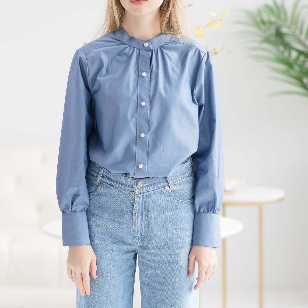 Women's Adaptive Magnetic Chambray Blouse, stylish and elegant for professional or casual occasions.