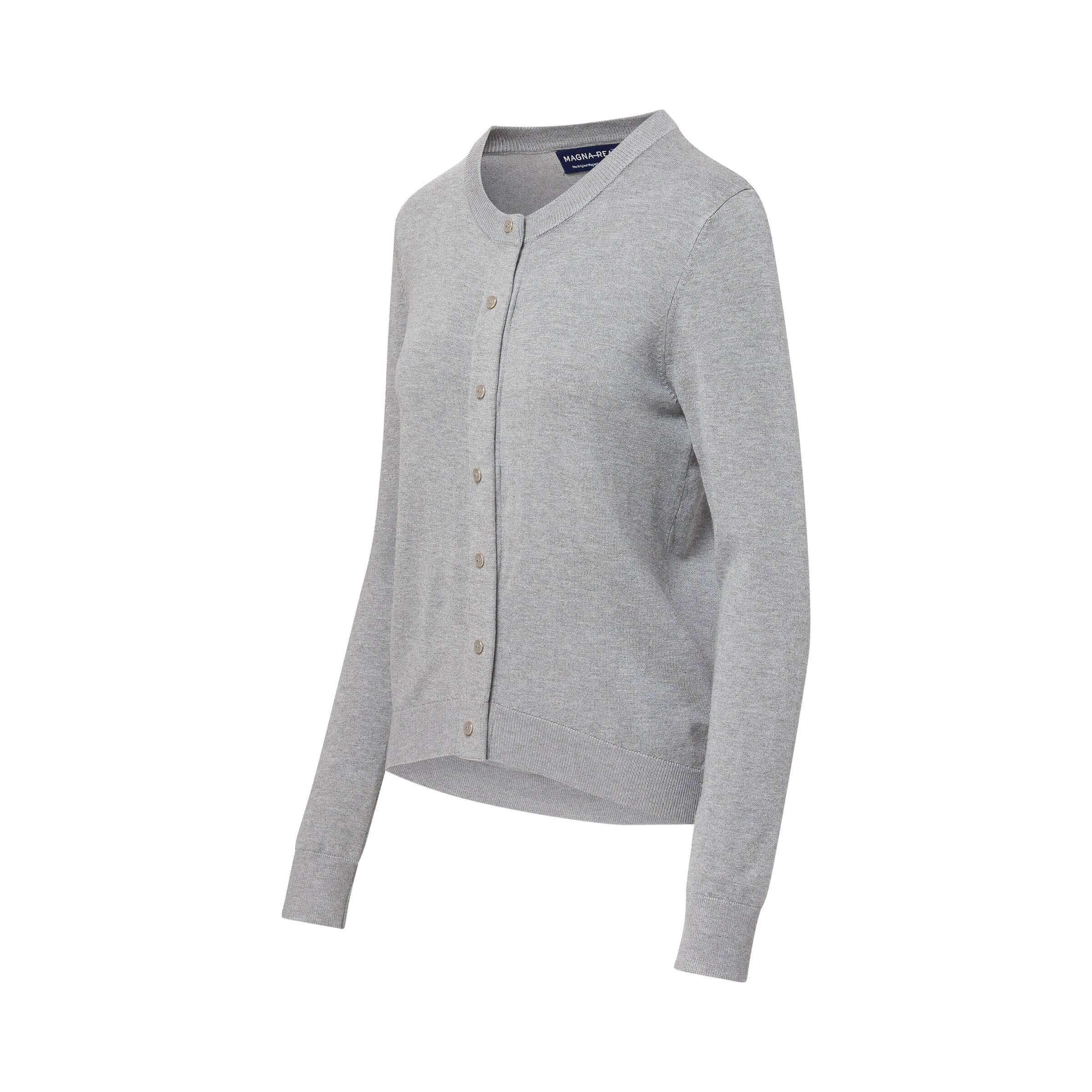 Women's adaptive grey cardigan sweater featuring MagnaReady magnetic technology for effortless wear.