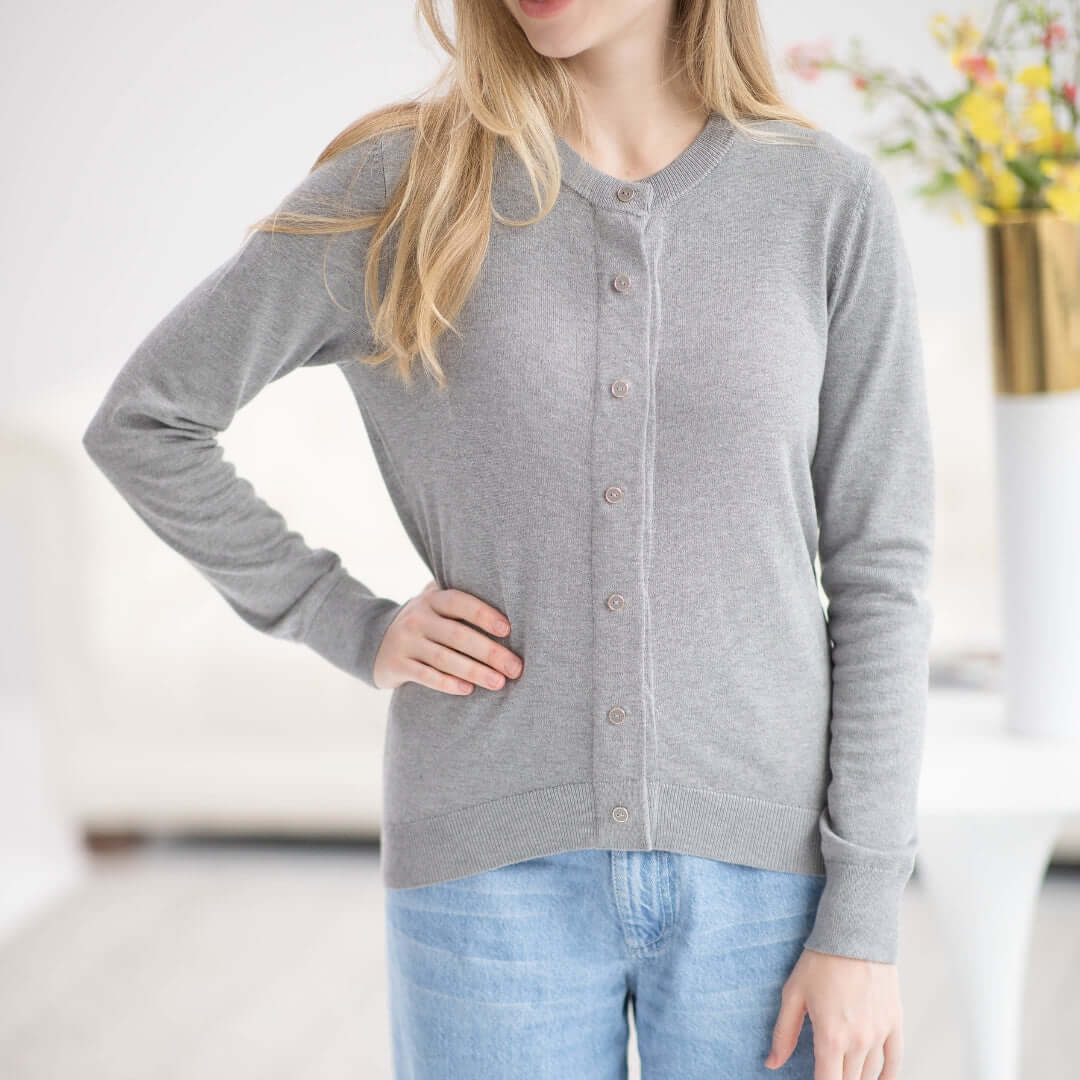 Women's adaptive grey cardigan sweater featuring MagnaReady® technology for easy dressing and mobility support.