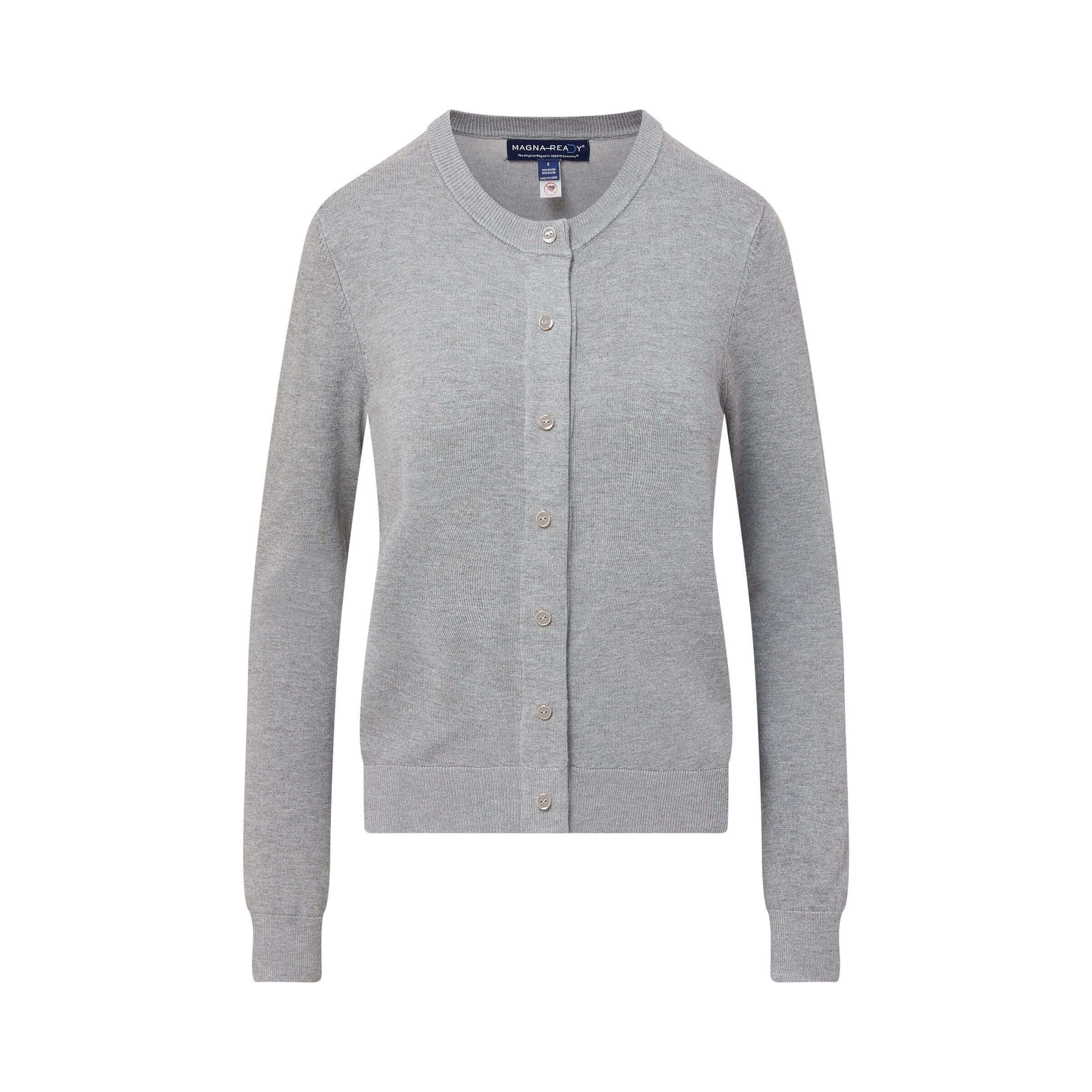 Women's grey adaptive magnetic front knit cardigan sweater with buttons for easy dressing.