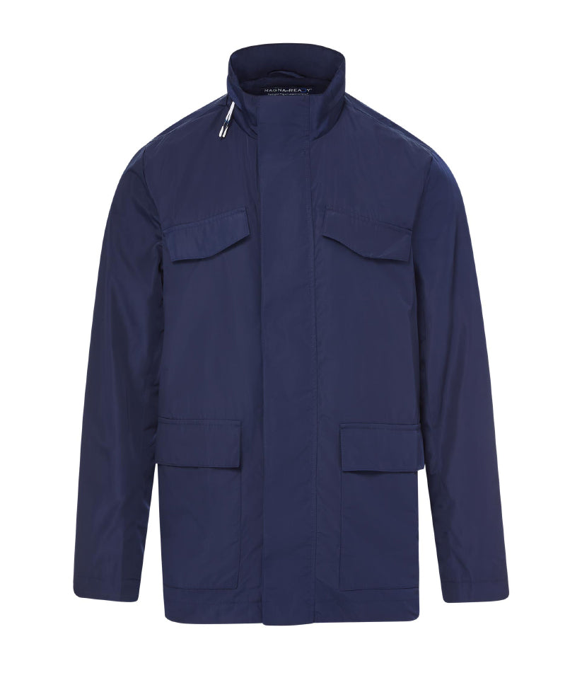 Solid Poplin Long Sleeve ‘Wilson’ Weight Rain Jacket with Magnetic Closures - Navy