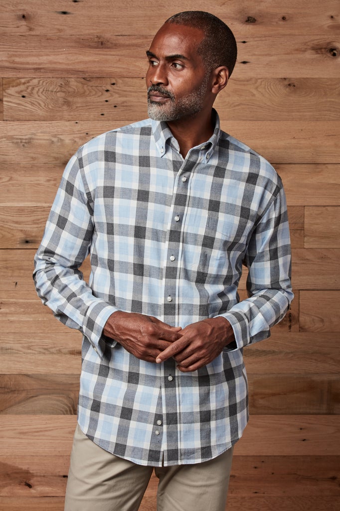Grey Blue Softly Brushed Plaid Long Sleeve ‘Heights’ Shirt with Magnetic Closures