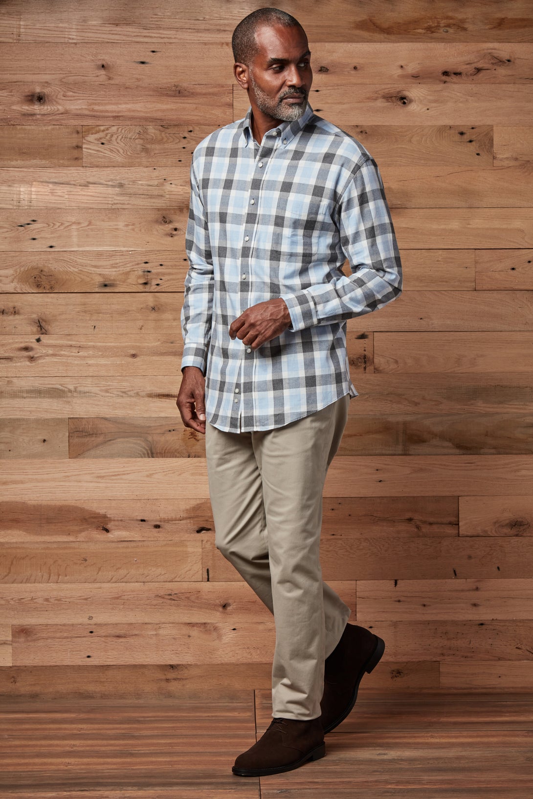 Grey Blue Softly Brushed Plaid Long Sleeve ‘Heights’ Shirt with Magnetic Closures