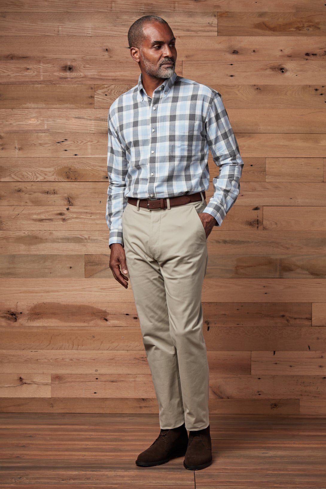 Grey Blue Softly Brushed Plaid Long Sleeve ‘Heights’ Shirt with Magnetic Closures