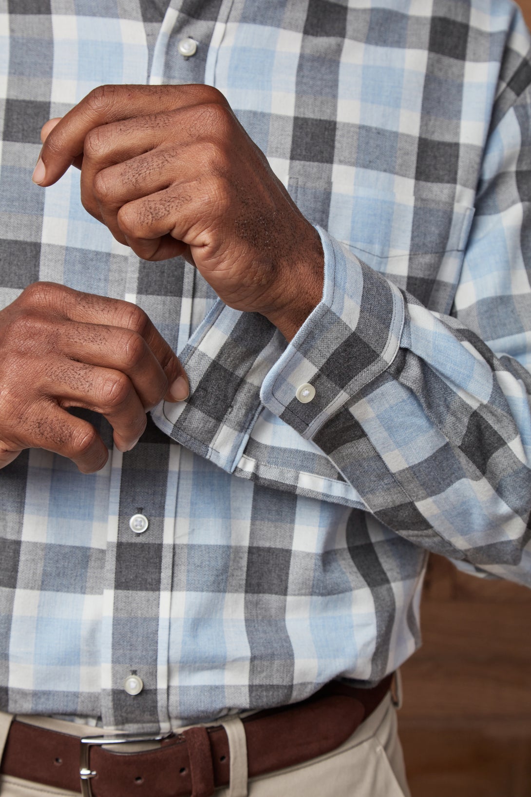 Grey Blue Softly Brushed Plaid Long Sleeve ‘Heights’ Shirt with Magnetic Closures