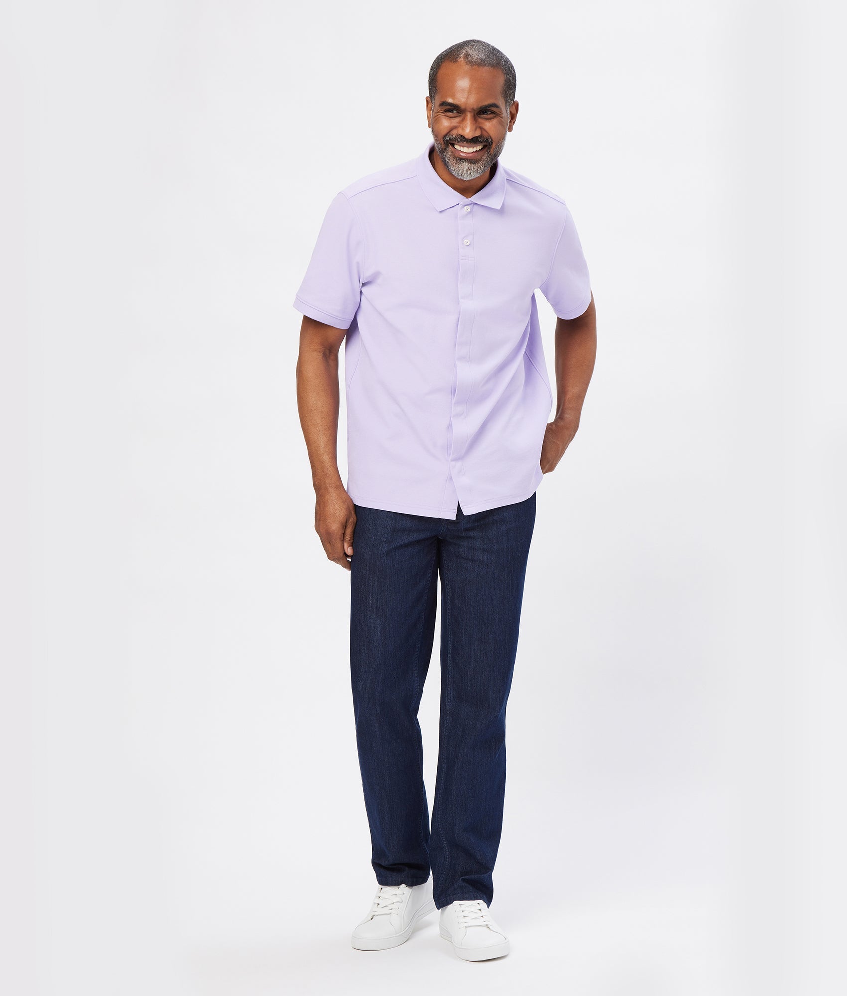 Solid Pique Knit Short Sleeve Polo with Magnetic Closures in Lavender