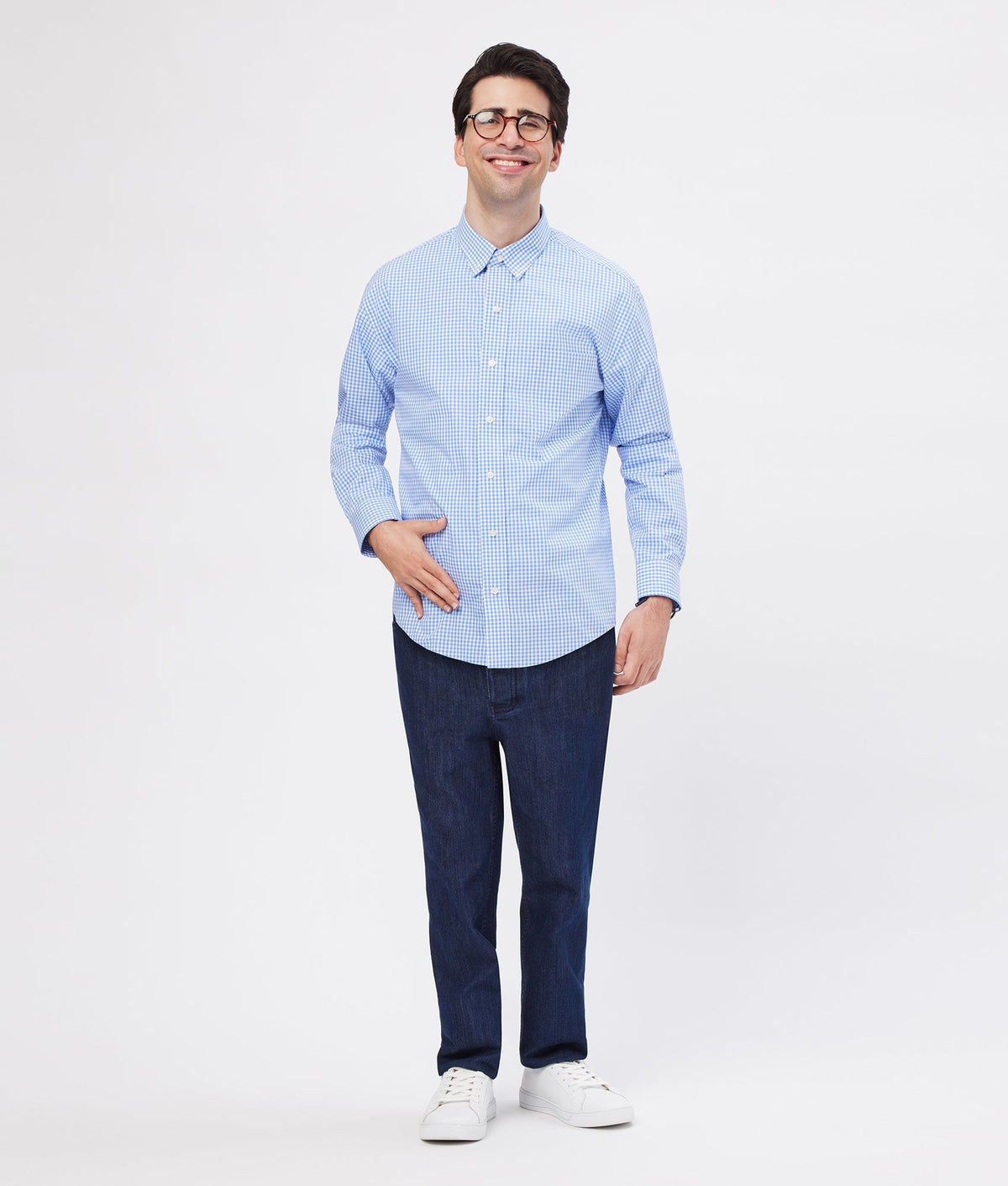 Gingham Poplin Long Sleeve ‘Heights’ Casual Shirt with Magnetic Closures in Blue