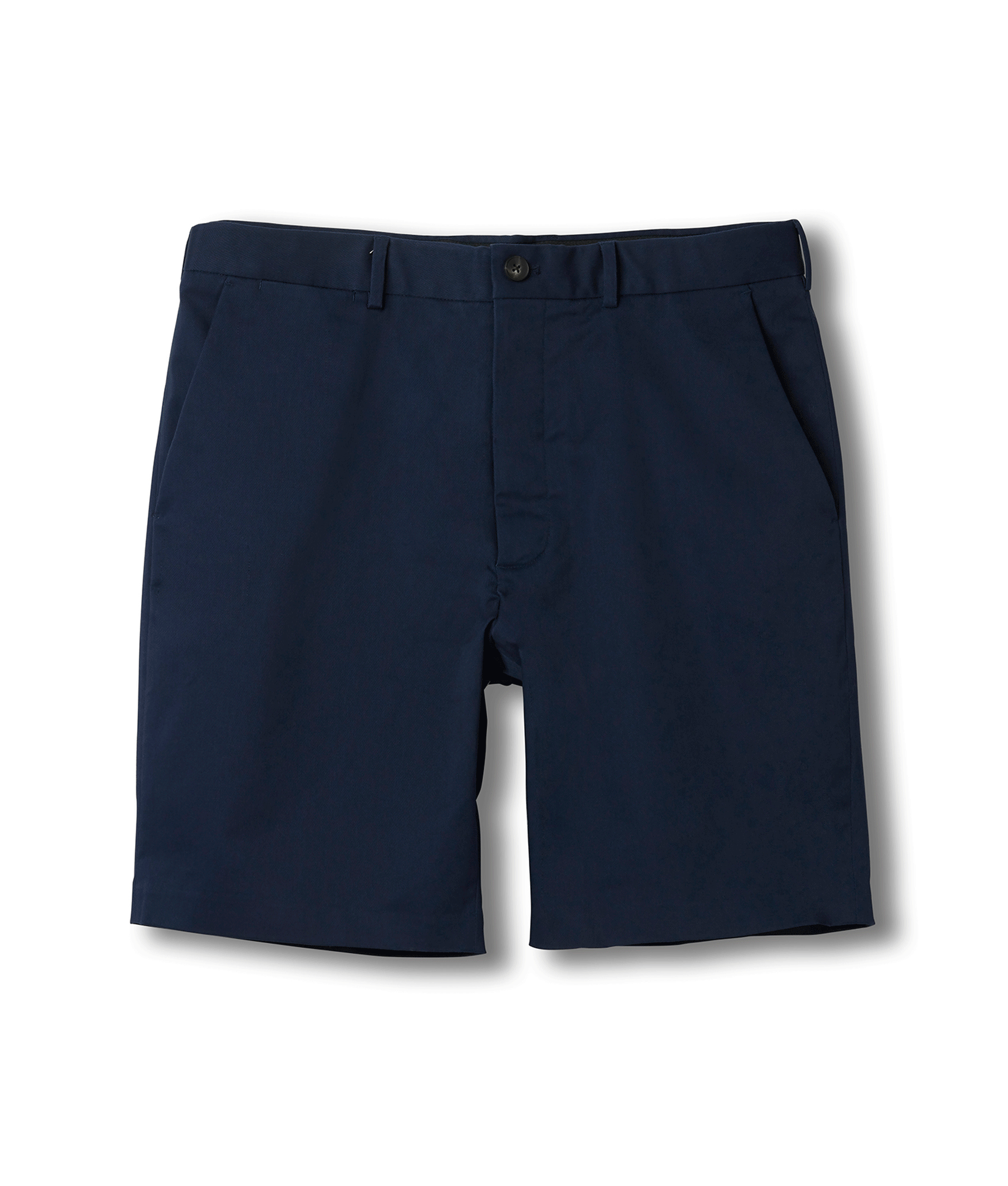 Navy flat front adaptive chino twill shorts with magnetic closures for easy dressing and mobility support.
