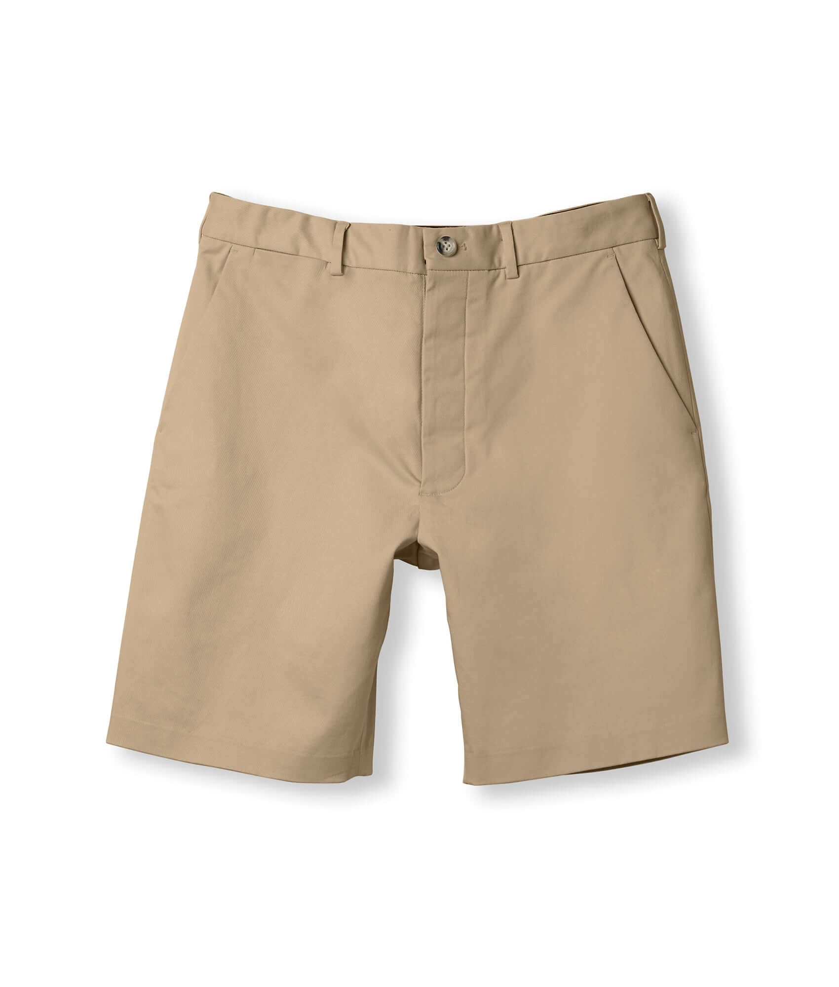 Flat front khaki chino twill shorts with magnetic closures, designed for effortless dressing and summer comfort.