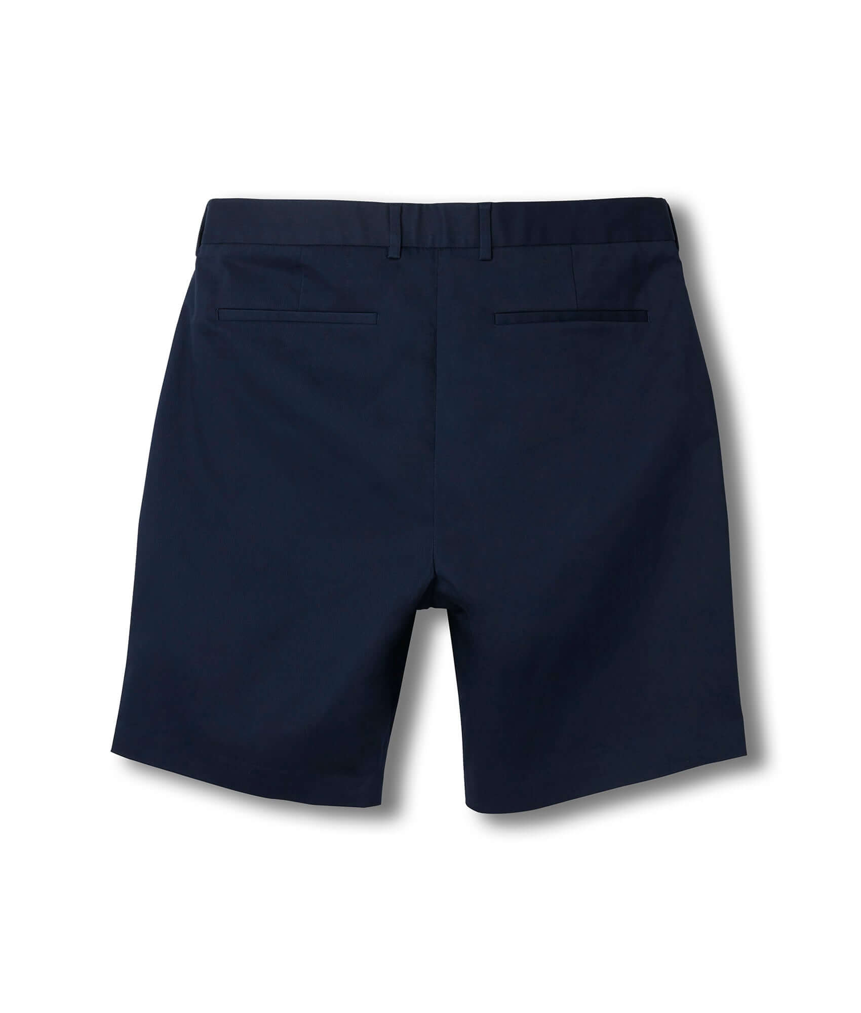 Back view of navy adaptive chino twill shorts with magnetic closures for easy dressing and mobility support.