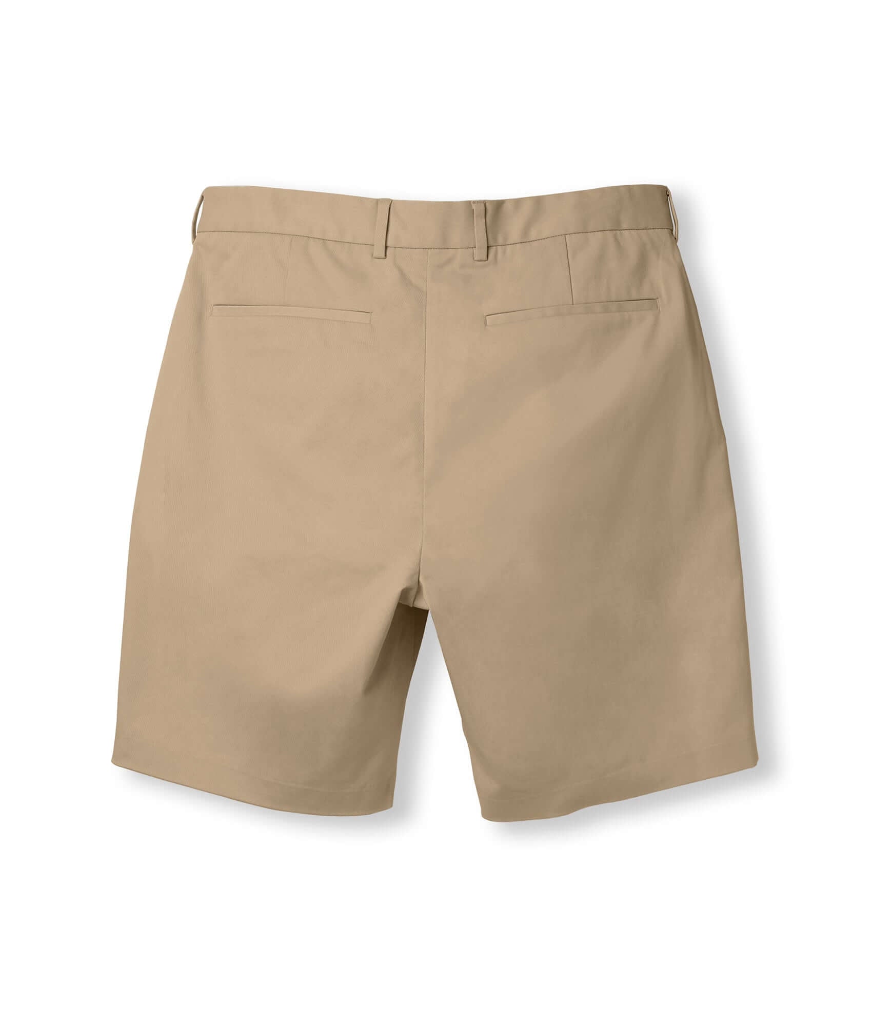 Back view of khaki flat front adaptive chino twill shorts with magnetic closures, designed for effortless dressing.