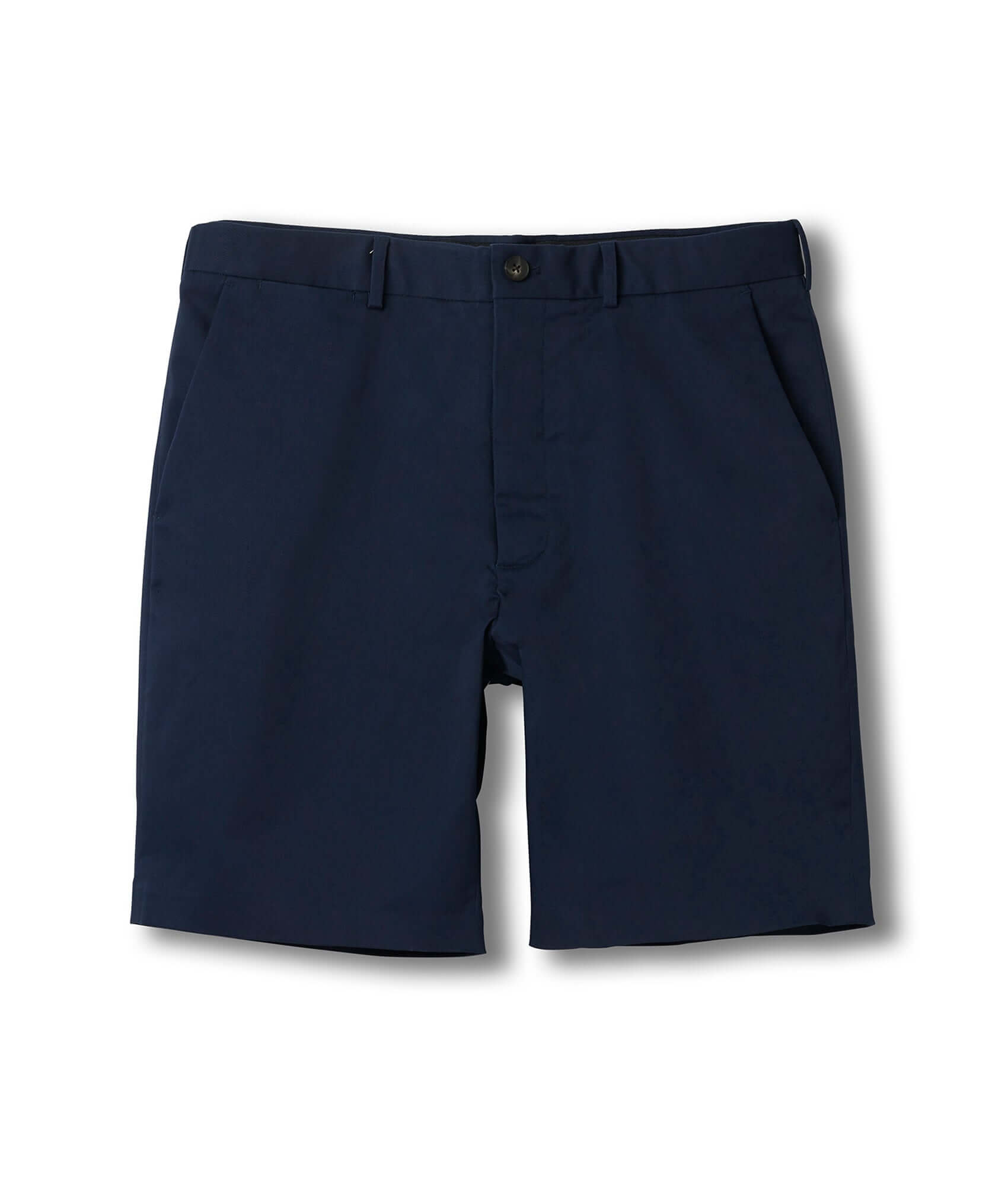 Navy flat front adaptive chino twill shorts with magnetic closures for easy dressing.