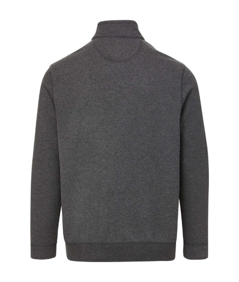Back view of the charcoal knit fleece ‘Dillon’ jacket with a mock collar and comfortable fit.