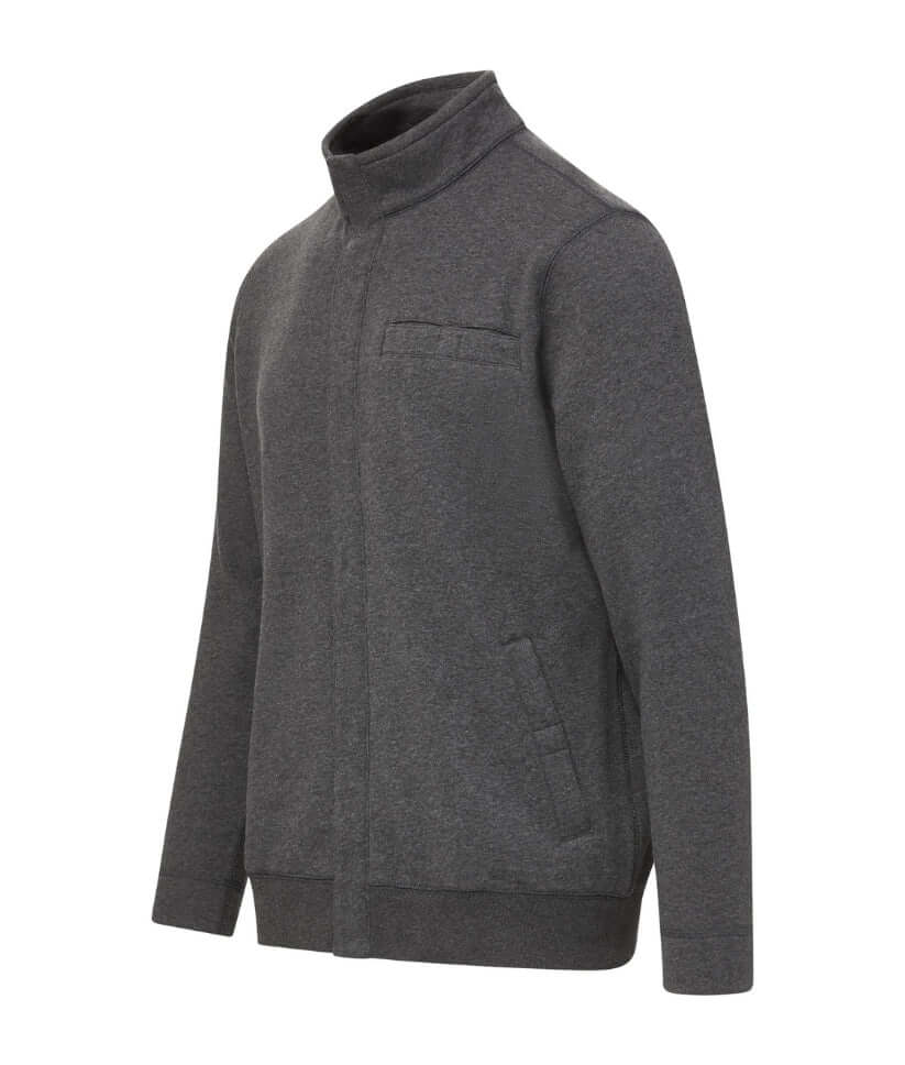 Charcoal knit fleece Dillon jacket with magnetic closures, designed for comfort and adaptive style.