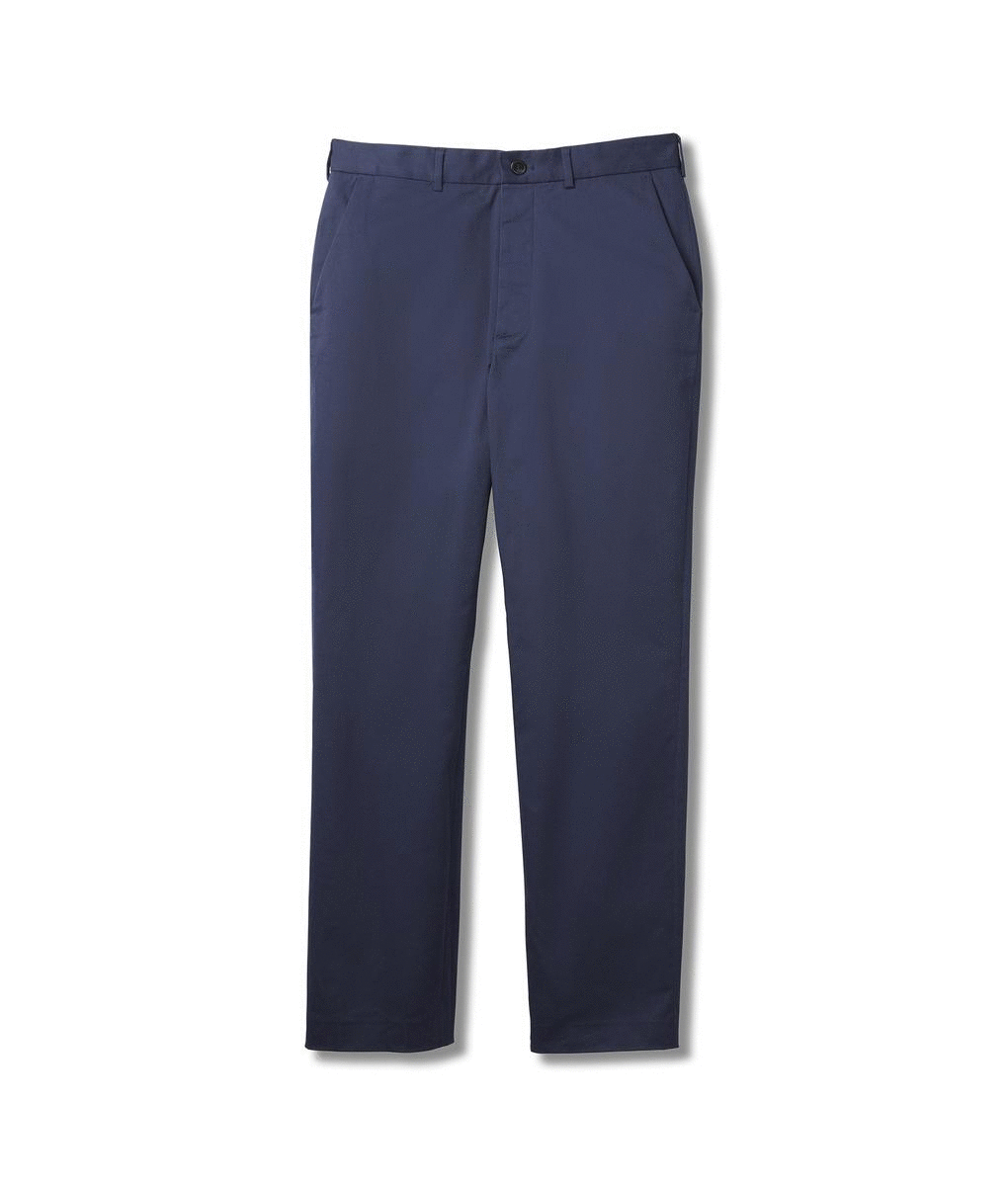 Navy adaptive chino pants with magnetic closures designed for mobility-limiting conditions and caregiver ease.