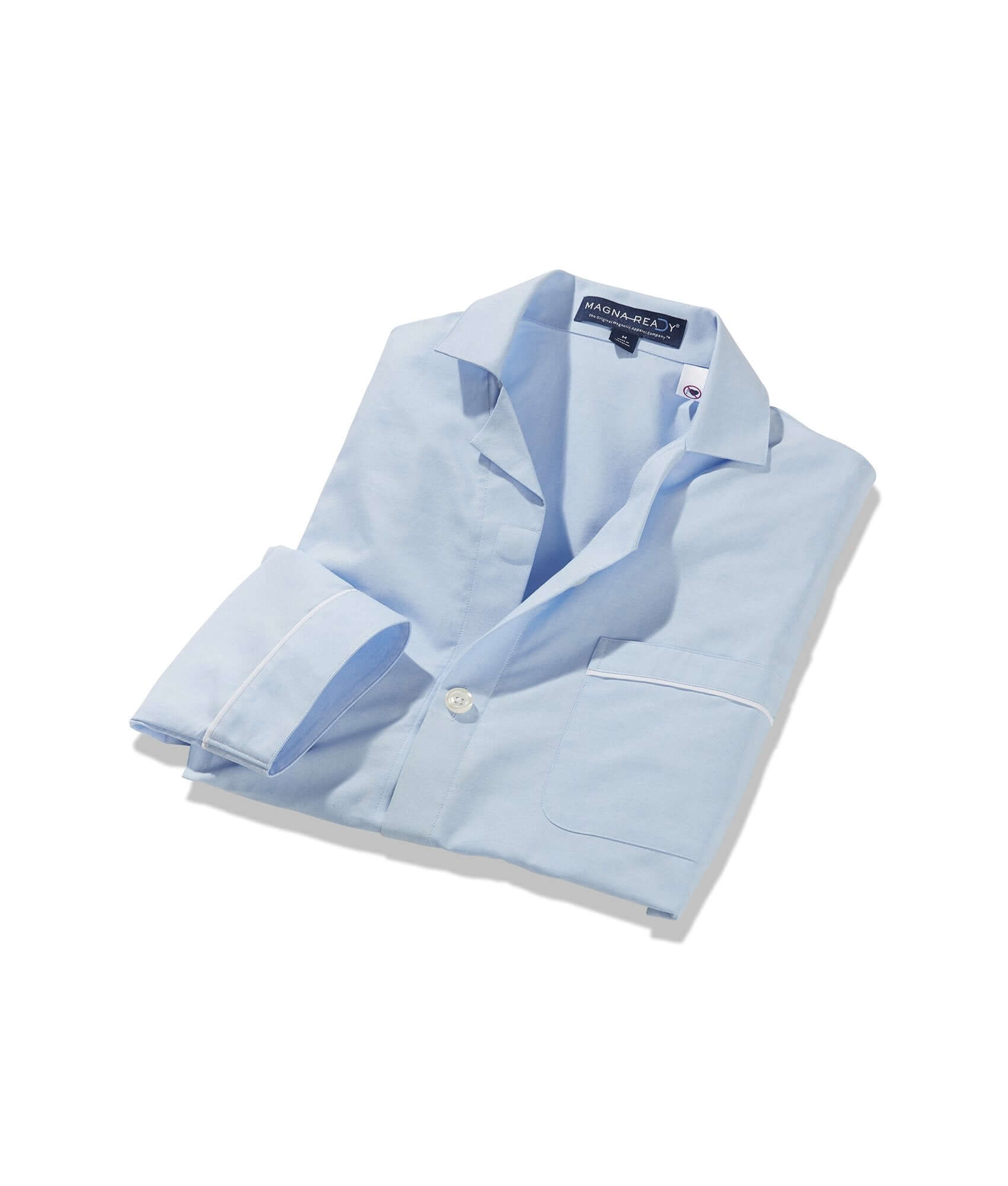 Light blue long sleeve pajama top with magnetic closures for effortless nighttime comfort.