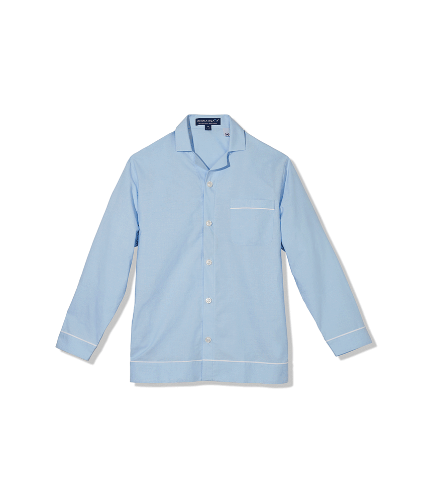 Light blue long sleeve pajama top with magnetic closures, designed for comfort and ease for those with mobility challenges.