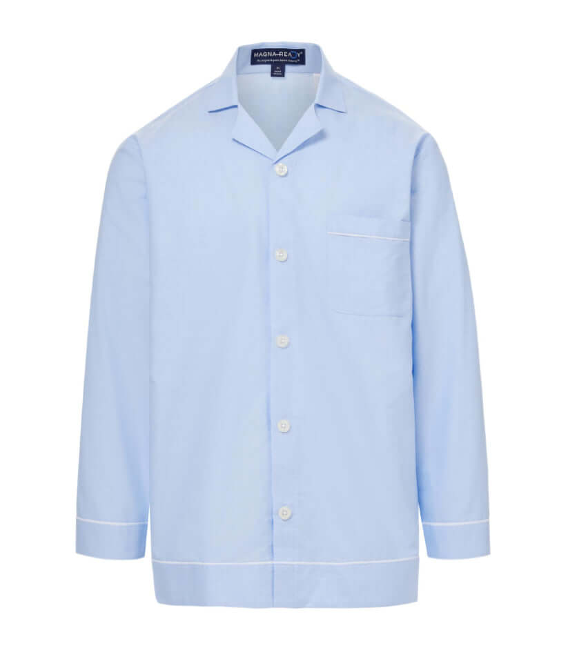 Light blue long sleeve pajama top with magnetic closures for comfortable nighttime wear.
