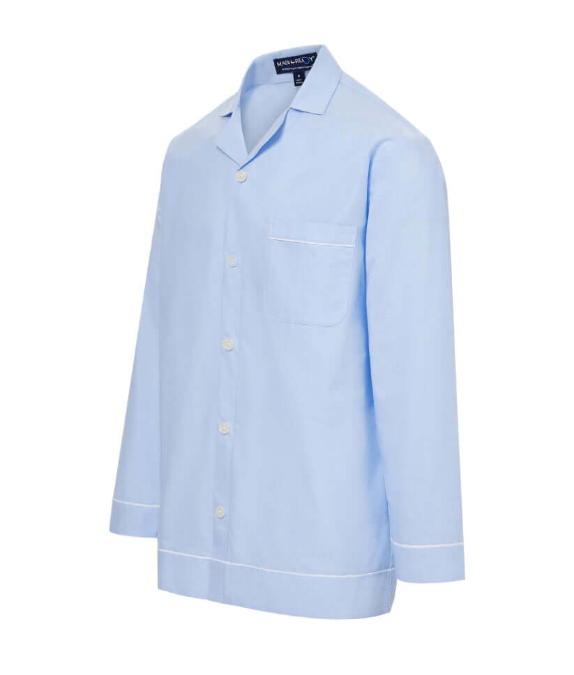 Light blue long sleeve pajama top with magnetic closures for comfortable nighttime wear.