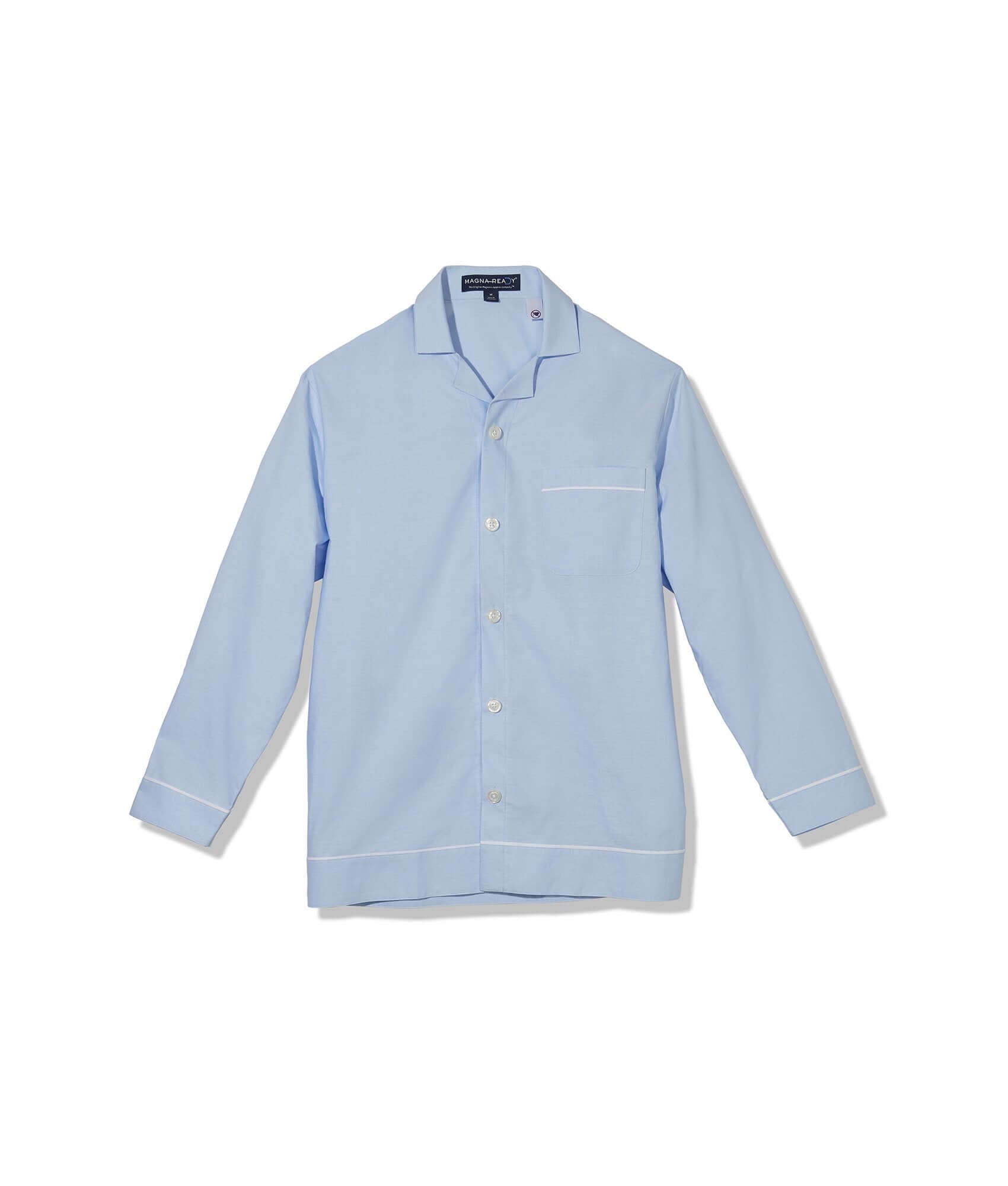 Light blue long sleeve pajama top with magnetic closures, designed for comfort and ease during nighttime dressing.
