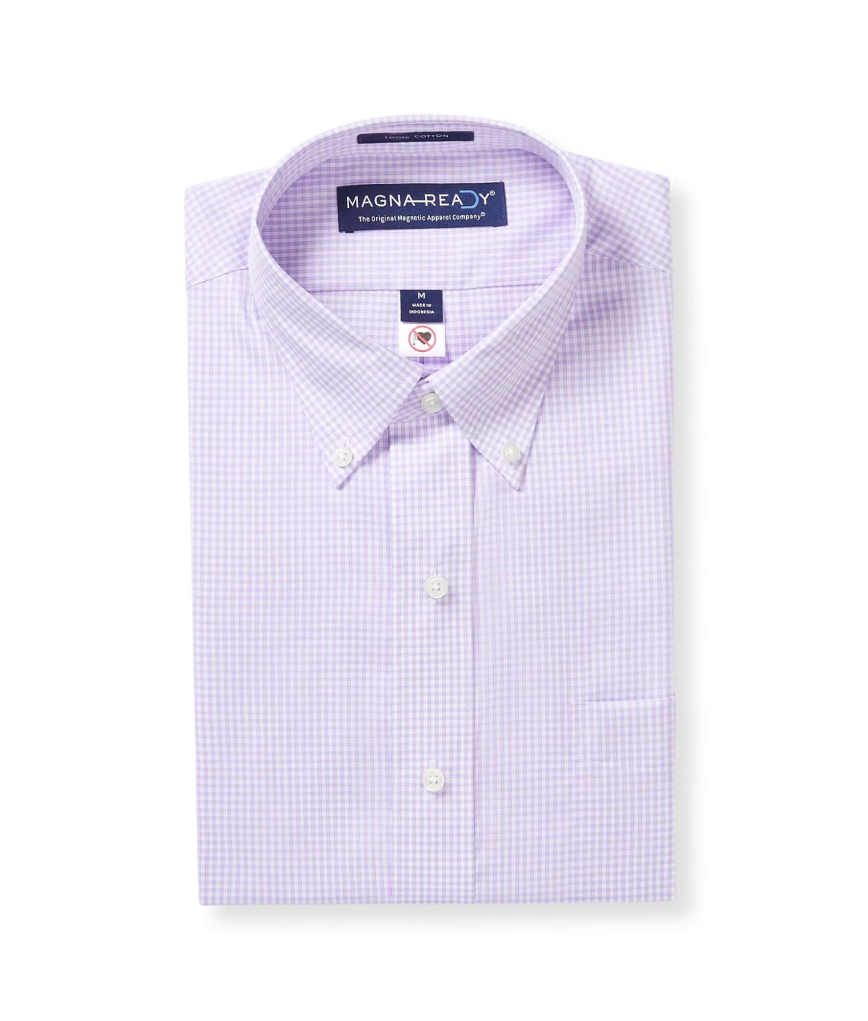 Long sleeve lilac and white micro plaid MagnaReady button-down shirt with magnetic buttons.
