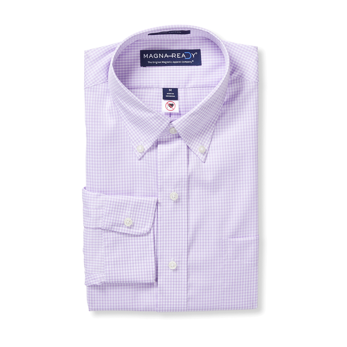 Long sleeve lilac and white plaid button-down shirt with magnetic buttons by MagnaReady, 100% cotton.