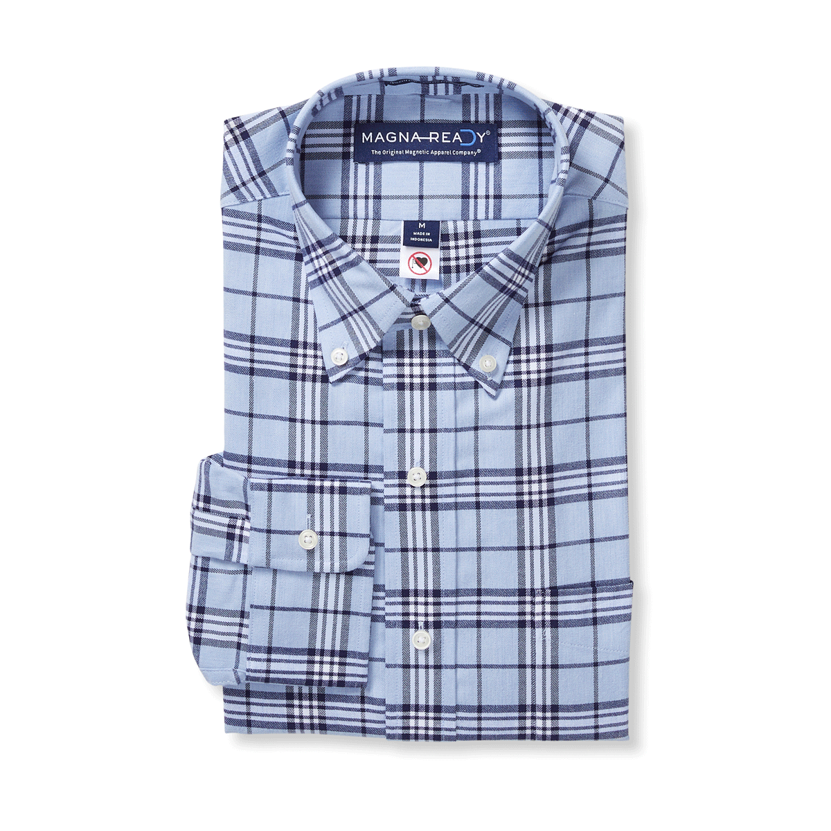 Long Sleeve Sky Blue Plaid Shirt with Magnetic Closures, MagnaReady Adaptive Fit, 100% Cotton, Button-Down Collar.